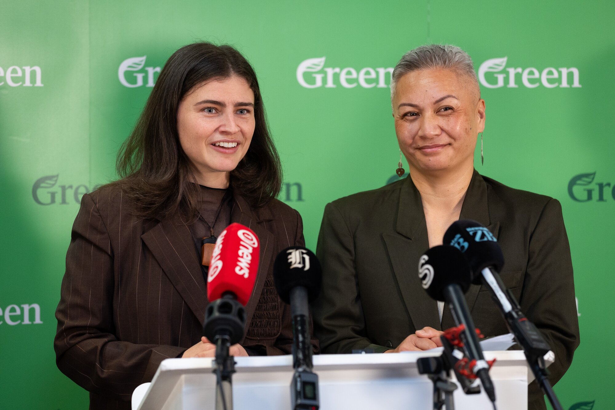 Green Party co-leaders Chlöe Swarbrick (left) and Marama Davidson make their tax policy announcement. Photo / Sylvie Whinray