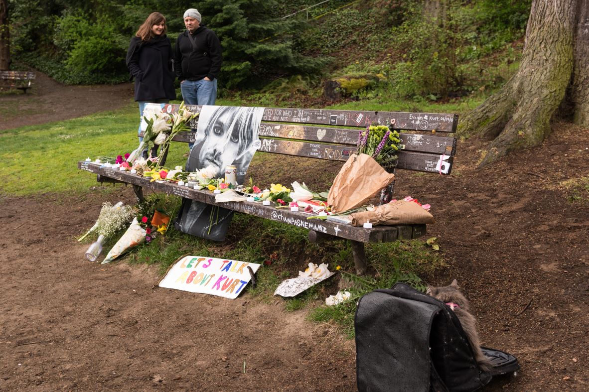 The sole park bench in tiny Viretta Park, neighbouring Kurt Cobain's final residence. Photo / Getty Images
