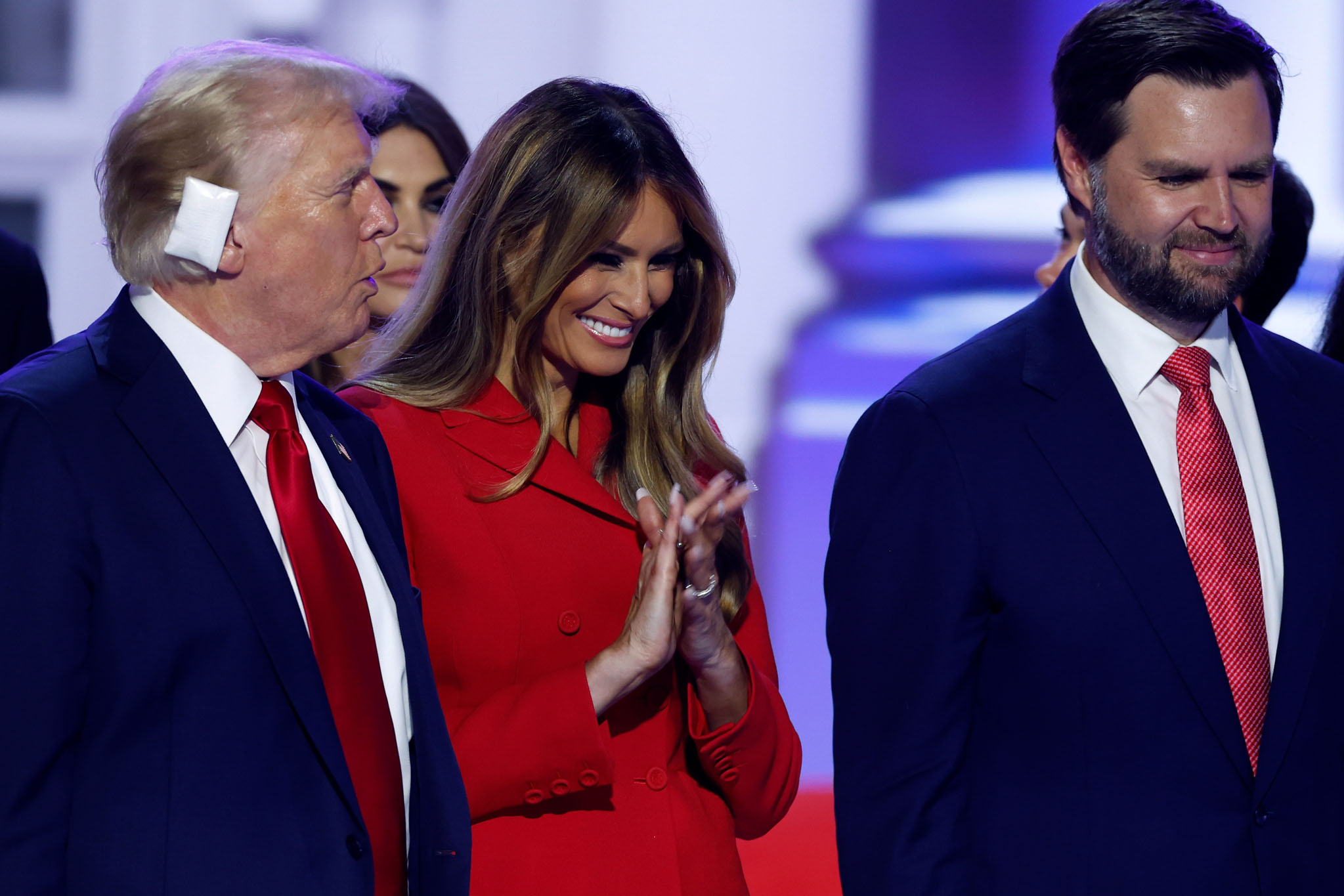 Former US President Donald Trump, former first lady Melania Trump, and Republican vice-presidential candidate Senator JD Vance at the Republican National Convention last week. Photo / Getty Images