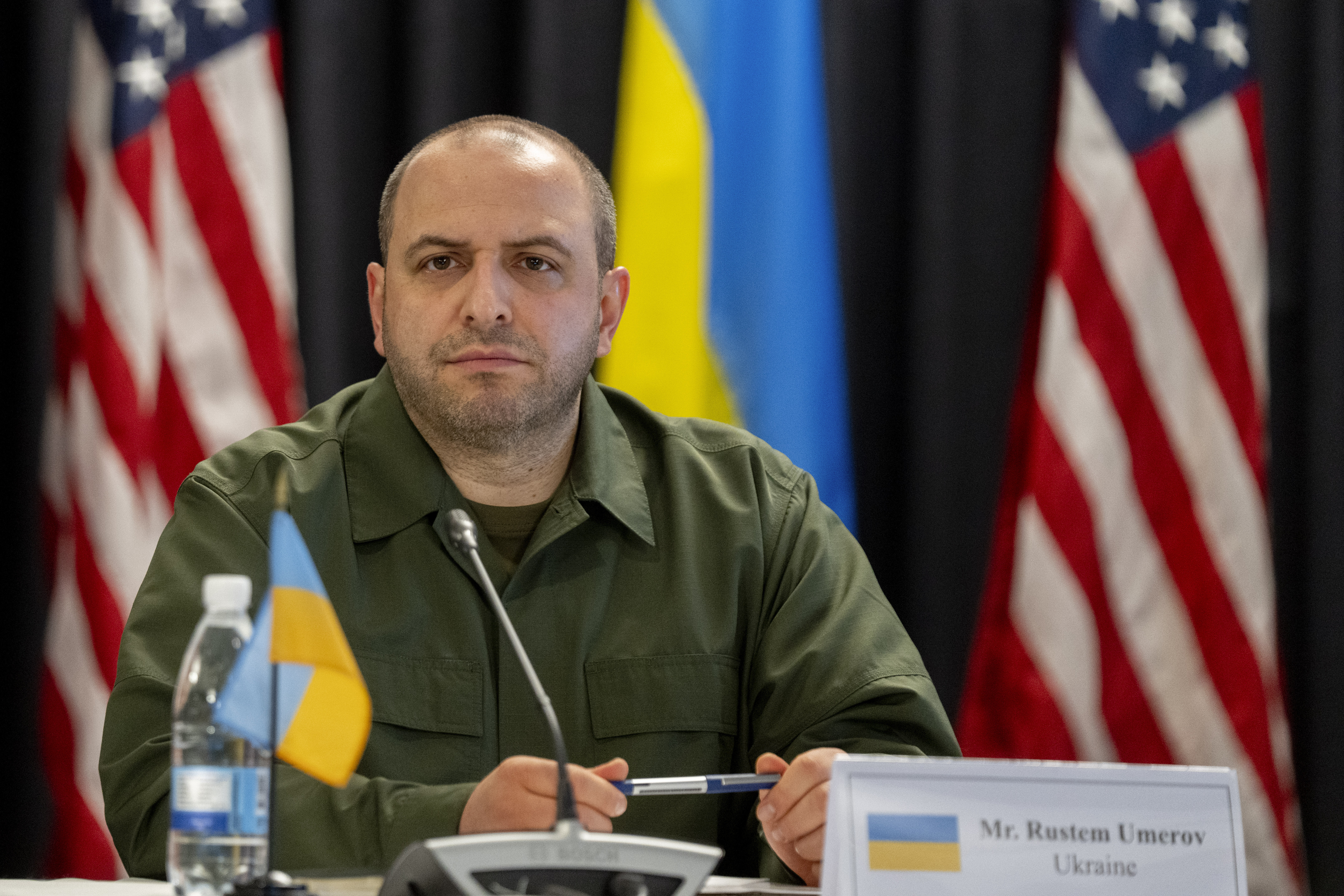 Ukraine Defence Minister Rustem Umerov at a meeting of the Ukraine Defence Contact Group at Ramstein Air Base in Germany, where allies pledged money and weapons. Photo / AP