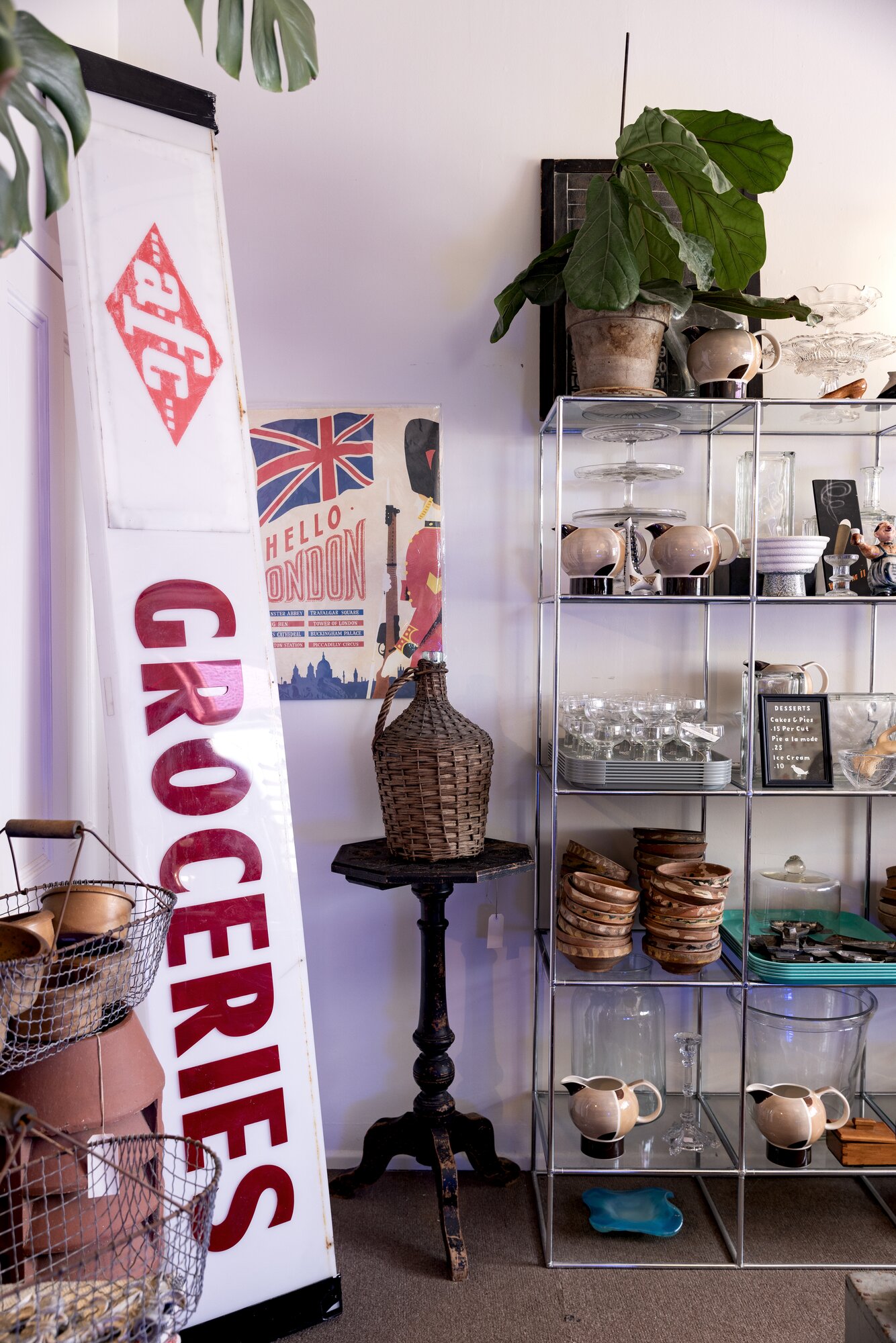 Glass cake stands, ceramic bowls and wire baskets are all on offer at Flotsam & Jetsam. Photo / Babiche Martens