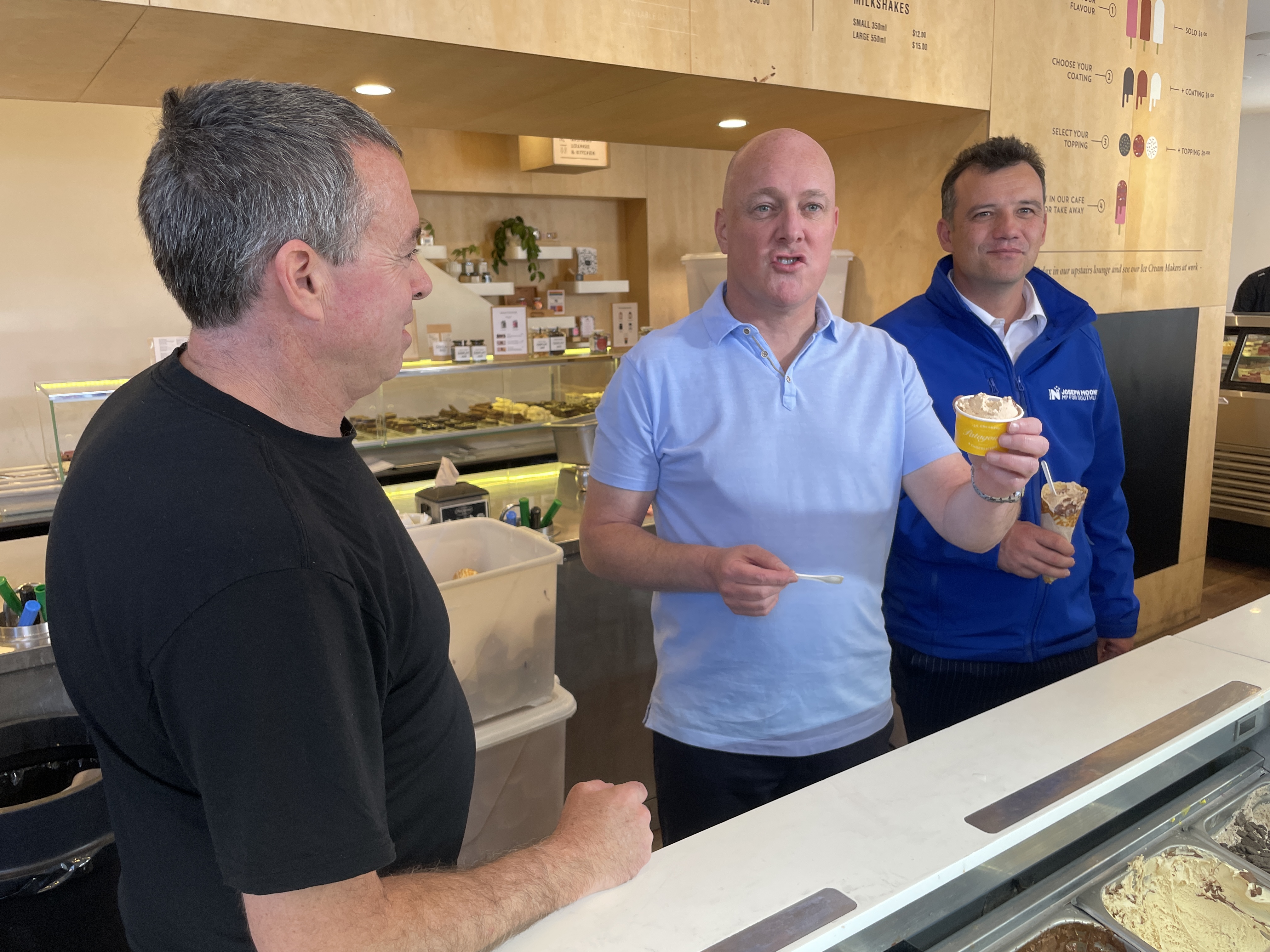 National Party leader Christopher Luxon declaring the hazelnut offering at Queenstown's Patagonia ice cream shop the best in the country. Photo / Derek Cheng