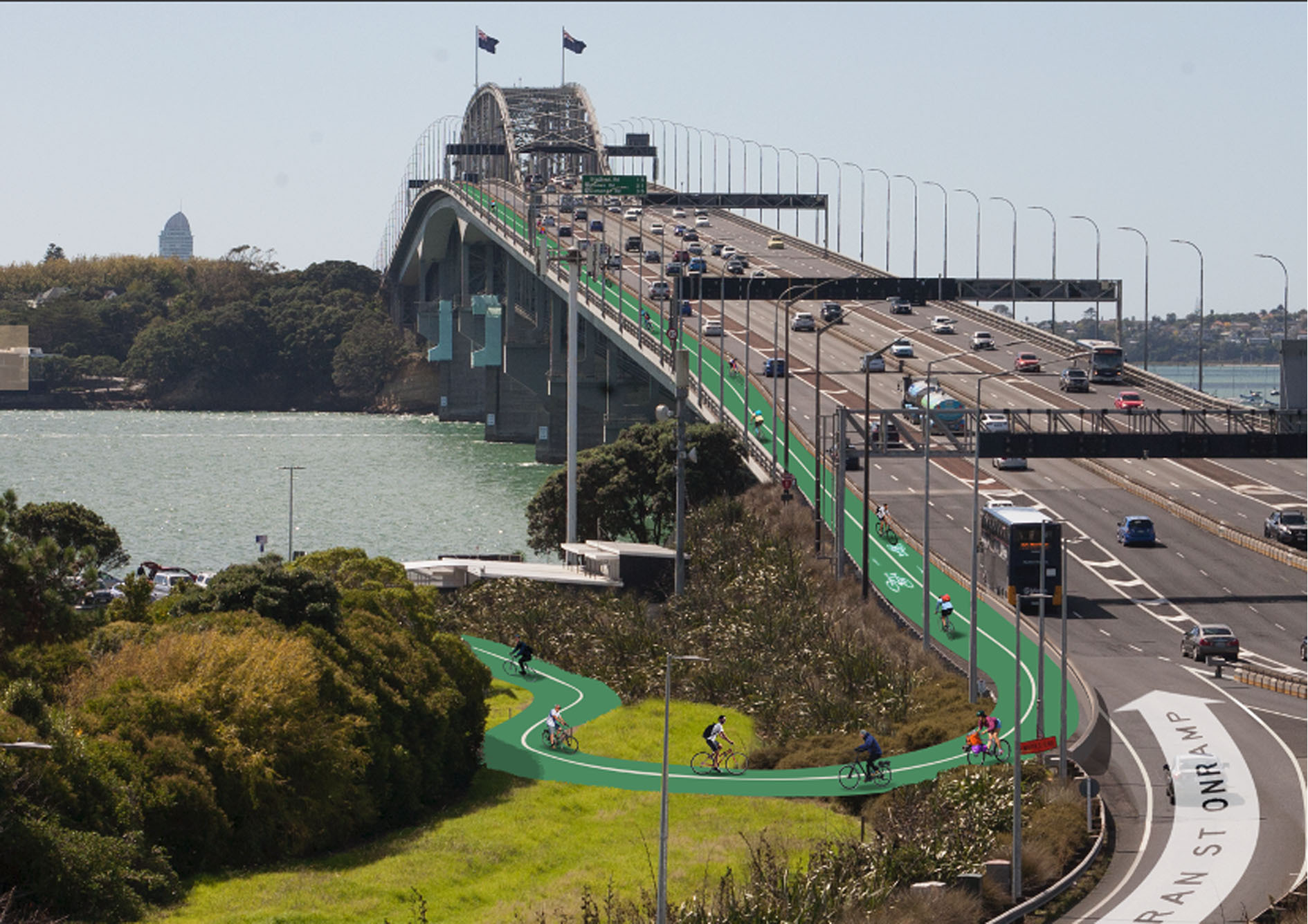 Artist's impression of what a cycle lane might look like on the Auckland harbour bridge. Photo / supplied
