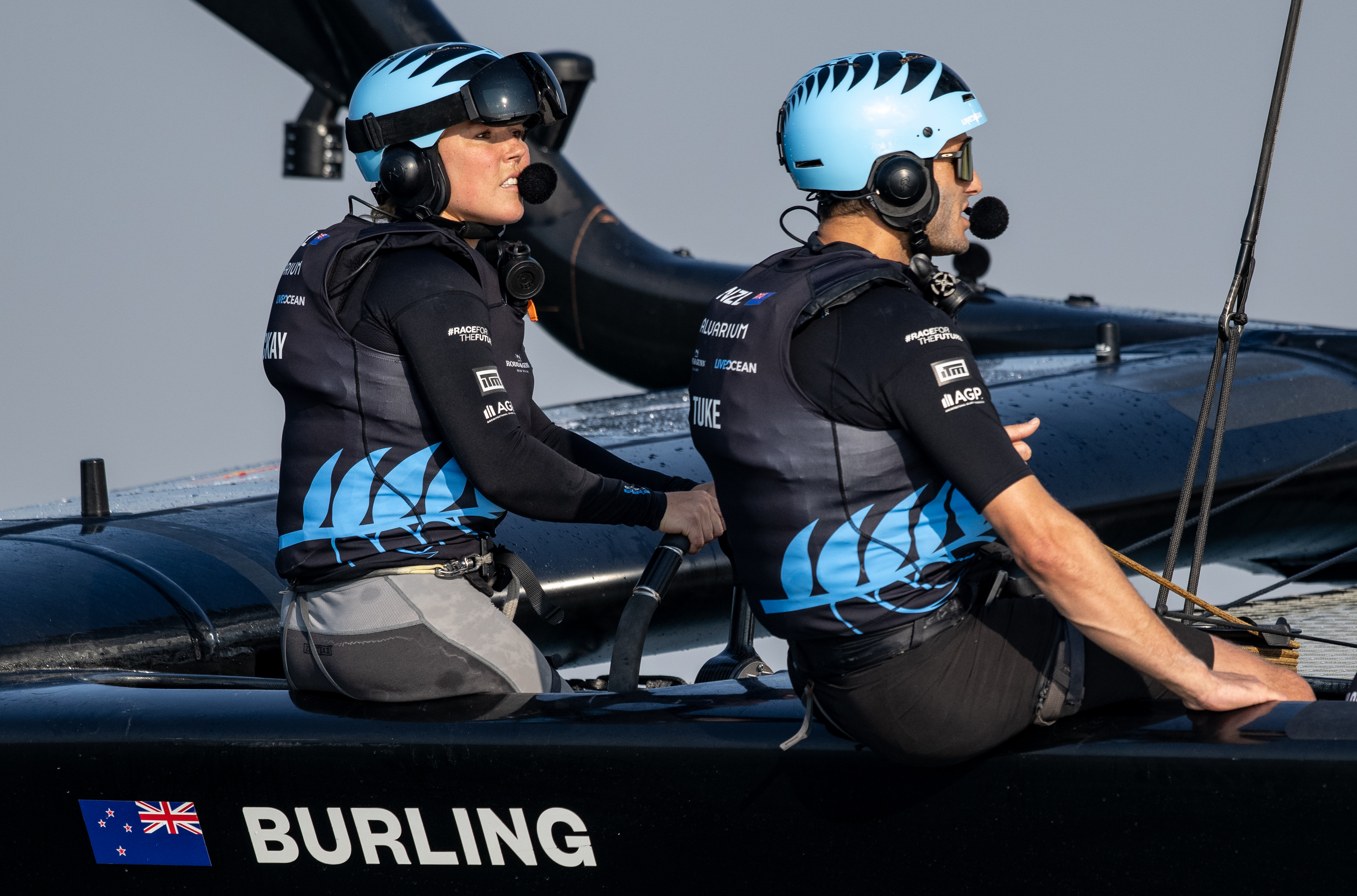 Liv Mackay at the helm alongside wing trimmer Blair Tuke during a practice session before the SailGP event in Dubai. Photo / SailGP