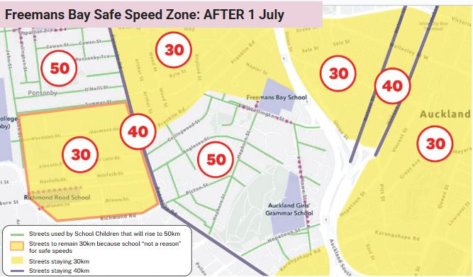 Under Auckland Transport's interpretation of the new Speed Rule, many streets in Freeman's Bay will keep their 30km/h limit, but near the school they will rise to 50km/h. Image / All Aboard