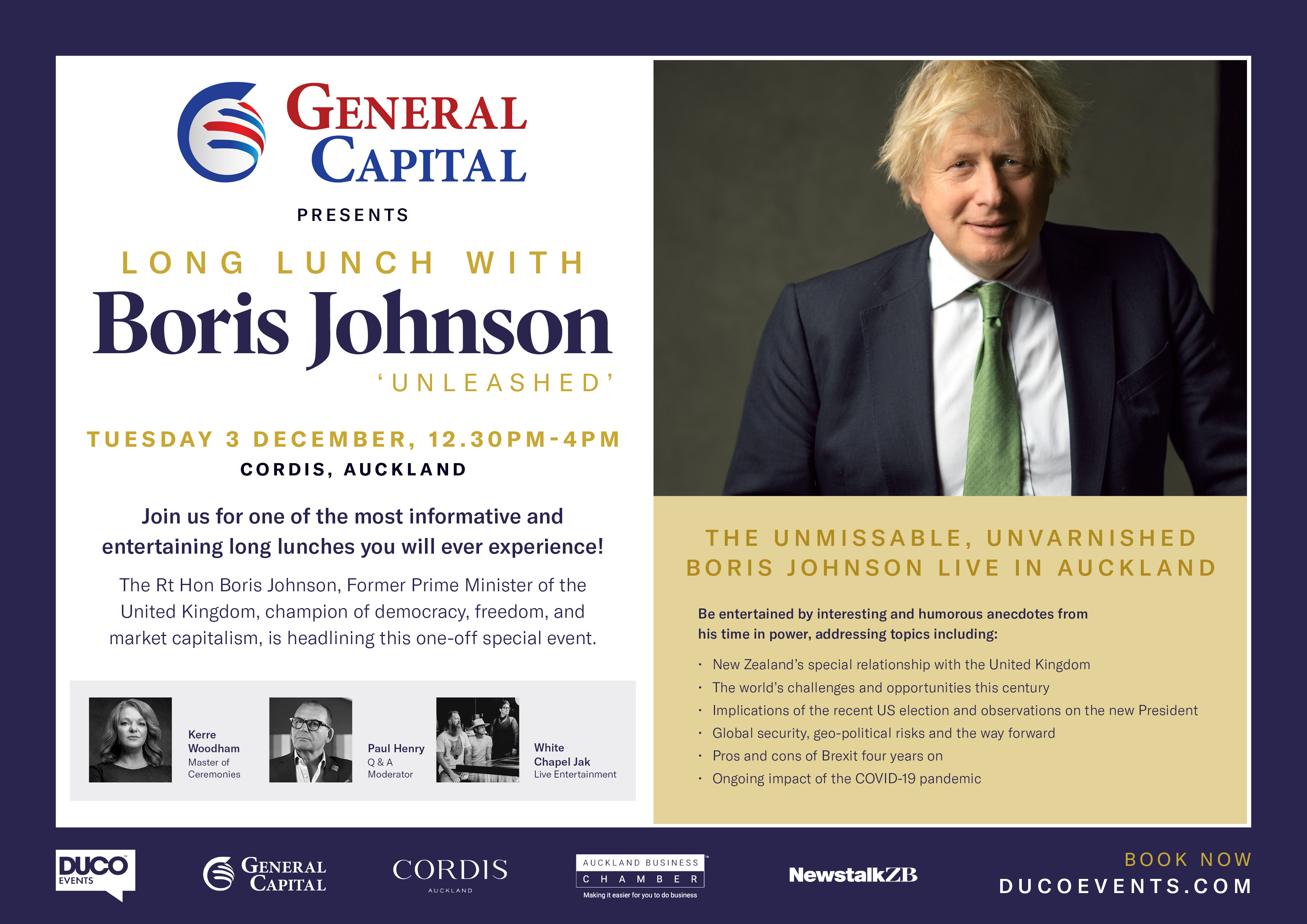 Former British Prime Minister Boris Johnson will visit Auckland in December to attend a speaking event hosted by financial company General Capital.
