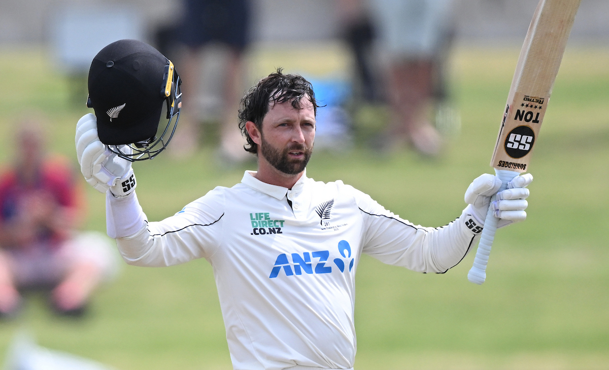 Devon Conway acknowledges the crowd after scoring his century against the West Indies at Bay Oval. Photo / Photosport