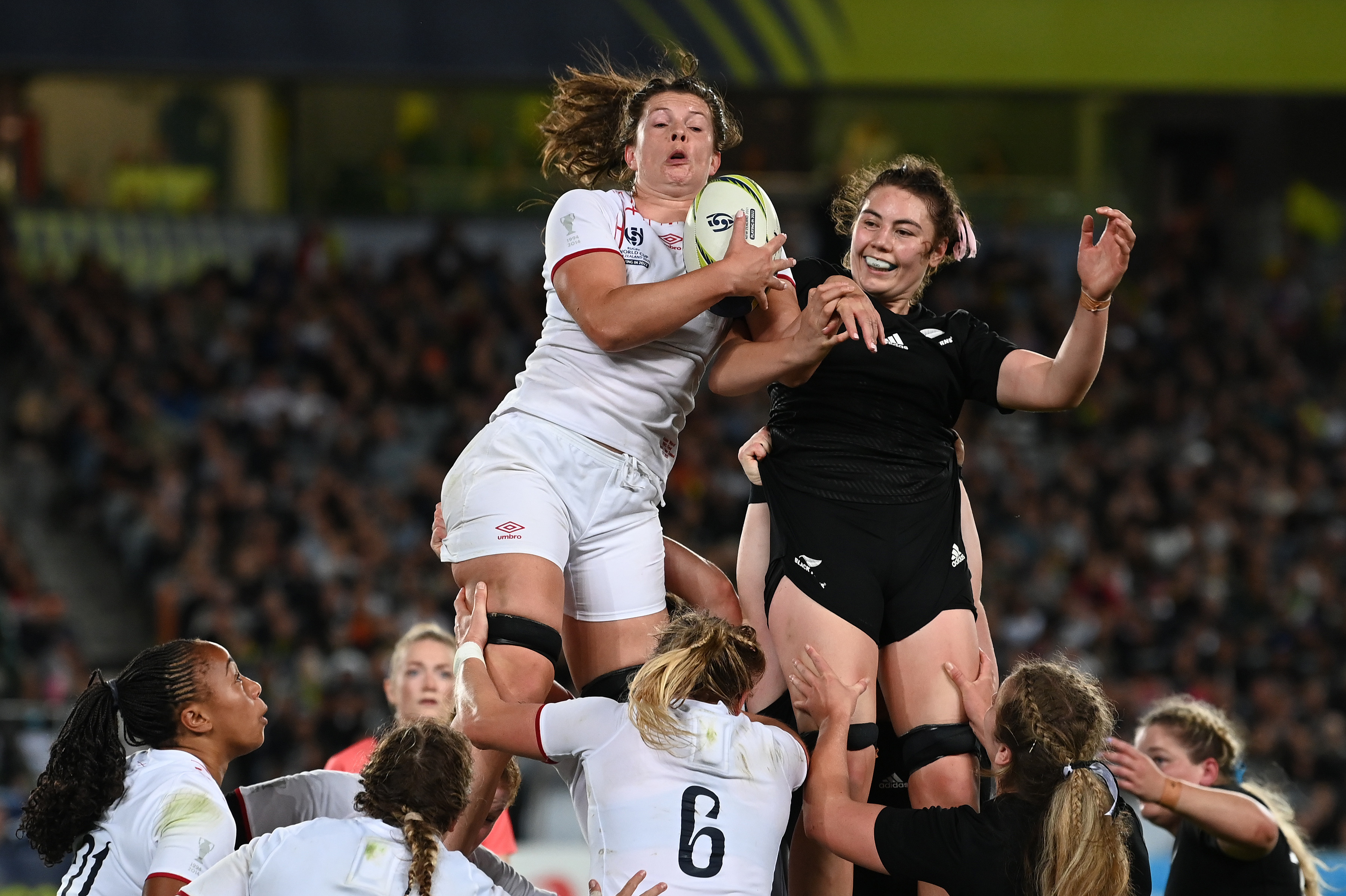 Abbie Ward of England and Maiakawanakaulani Roos during a line out in the women's World Cup final. Photosport