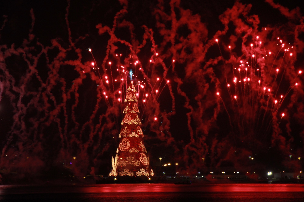 An 85-metre Christmas tree in Rio de Janeiro, Brazil, was the largest floating tree in the world in 2015 and opened with a fireworks show. Photo / NurPhoto via Getty Images