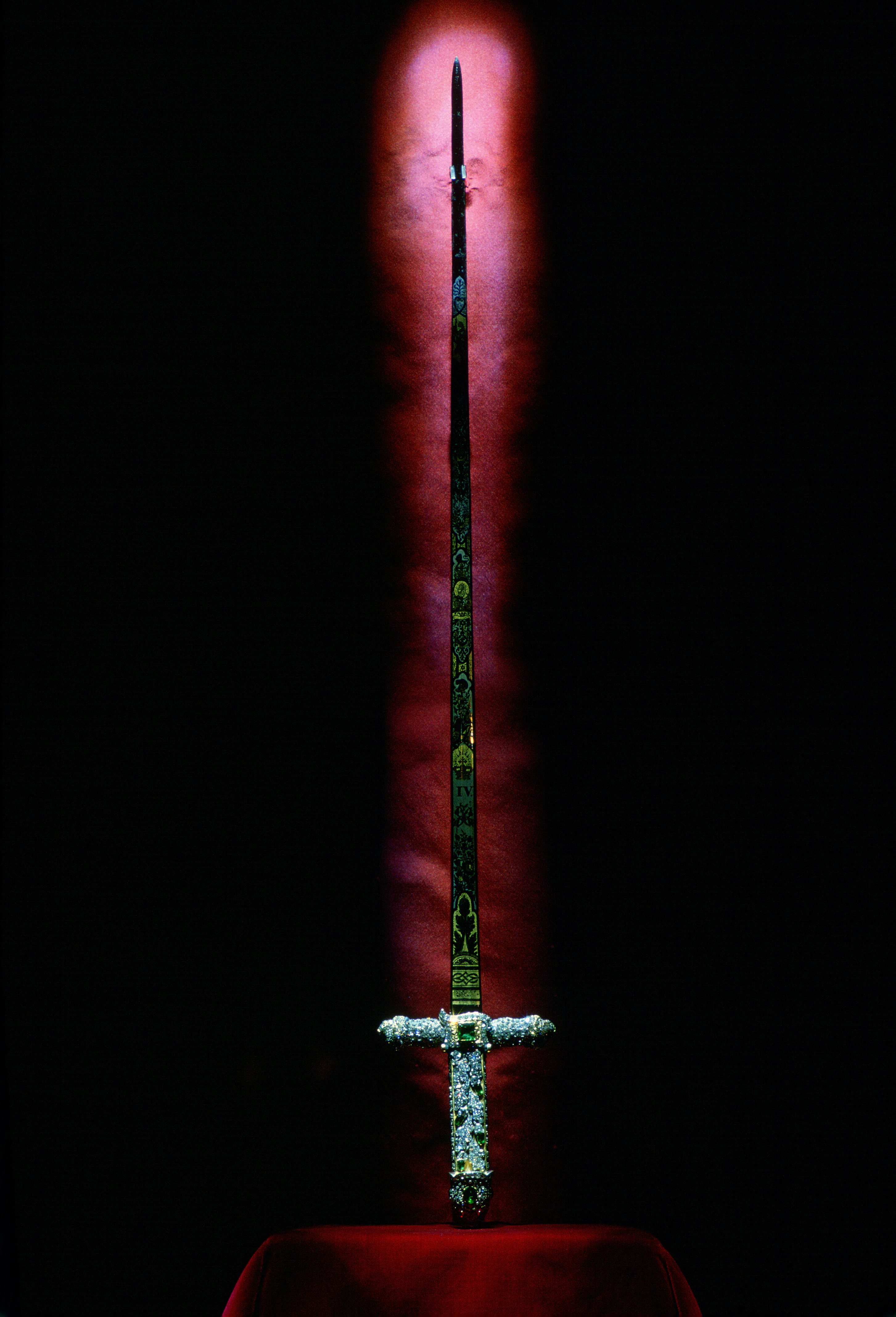 The jewelled Sword of Offering on display in the Jewel House inside the Tower of London. Photo / Getty Images