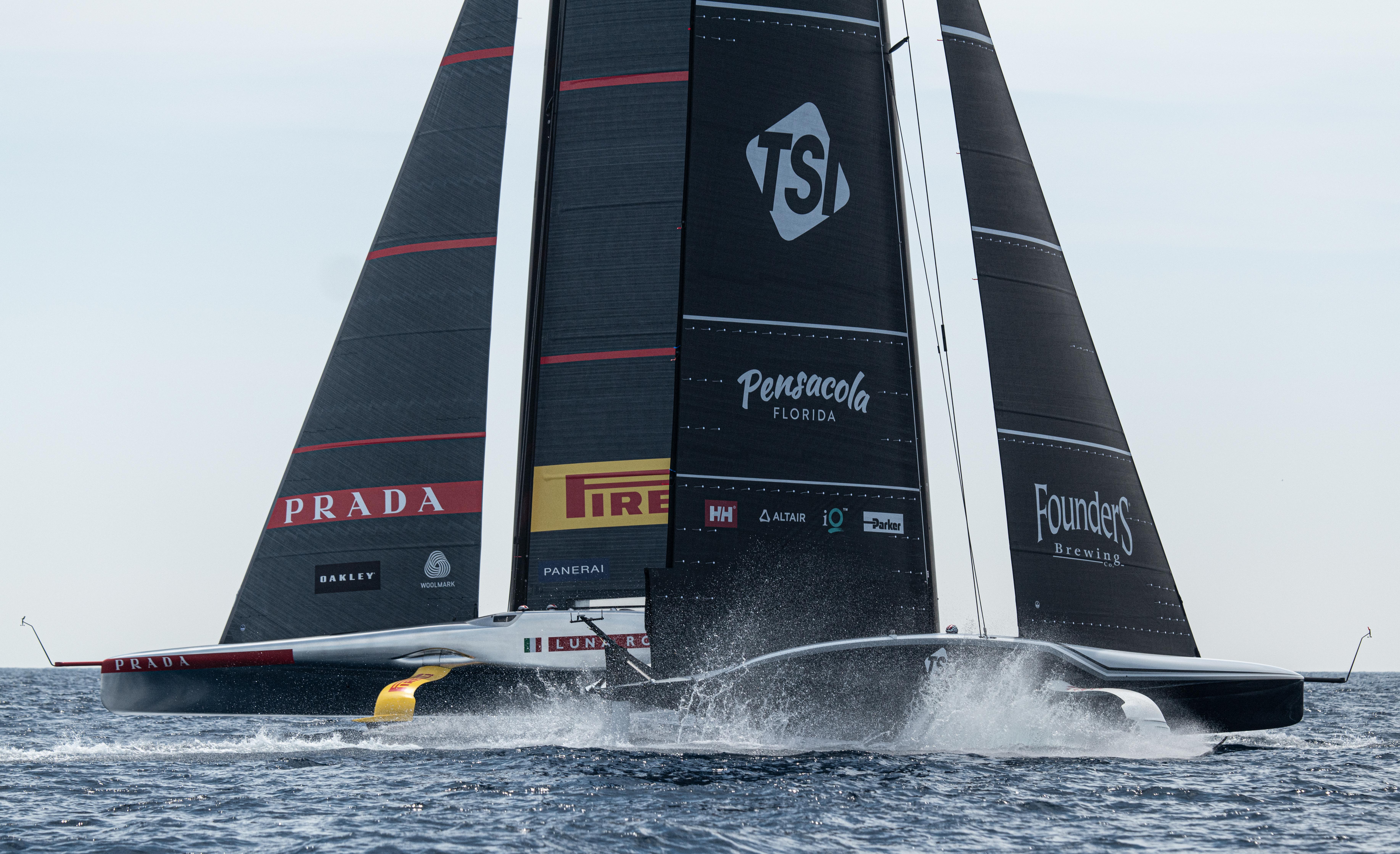 American Magic and Luna Rossa Prada Pirelli cross during a training session in Barcelona. Photo / Ivo Rovira, America's Cup