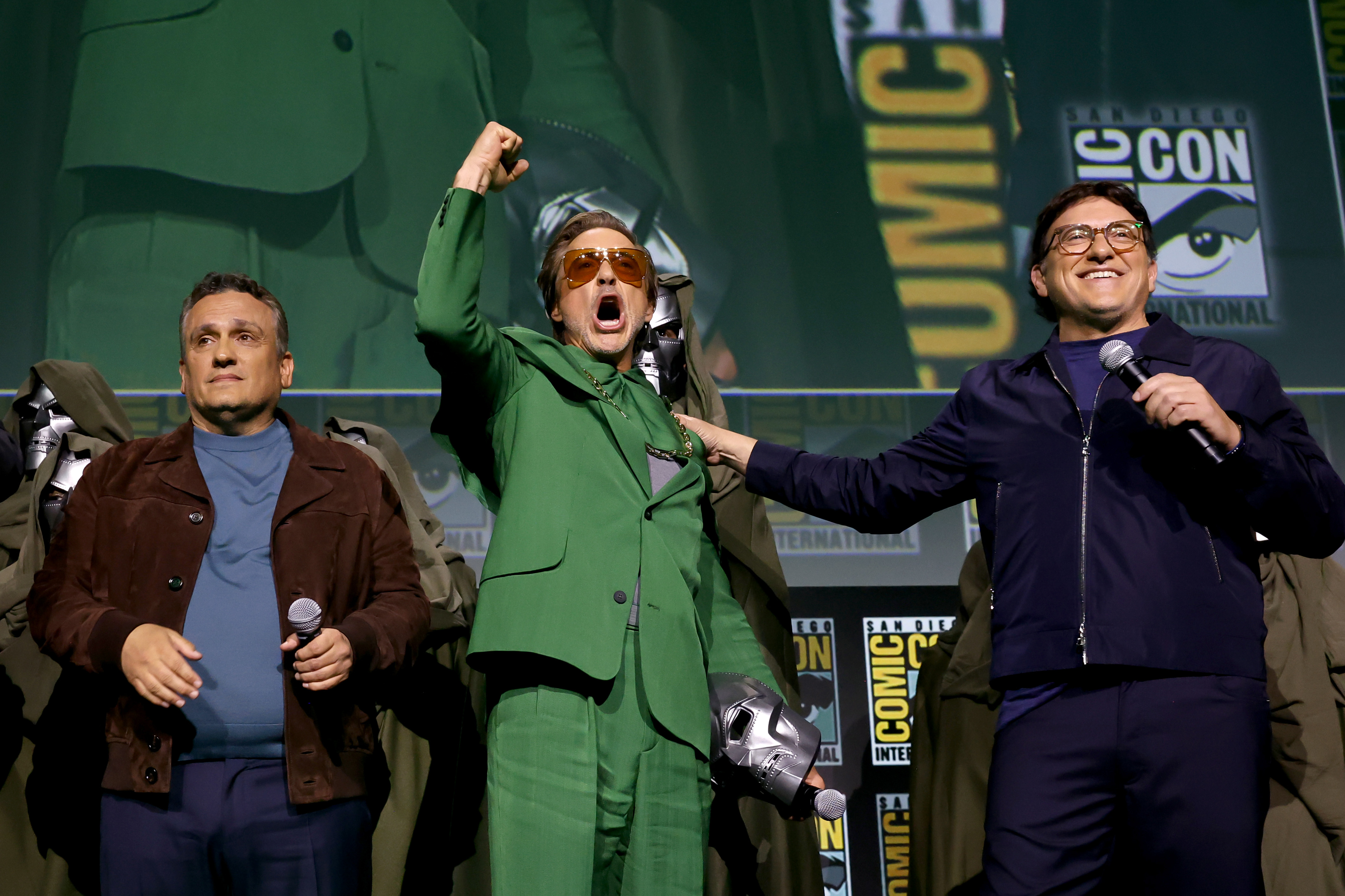 Joe Russo, Robert Downey jnr and Anthony Russo speak onstage as they announce Downey jnr's return to the Marvel Cinematic Universe during San Diego Comic-Con. Photo / Getty Images