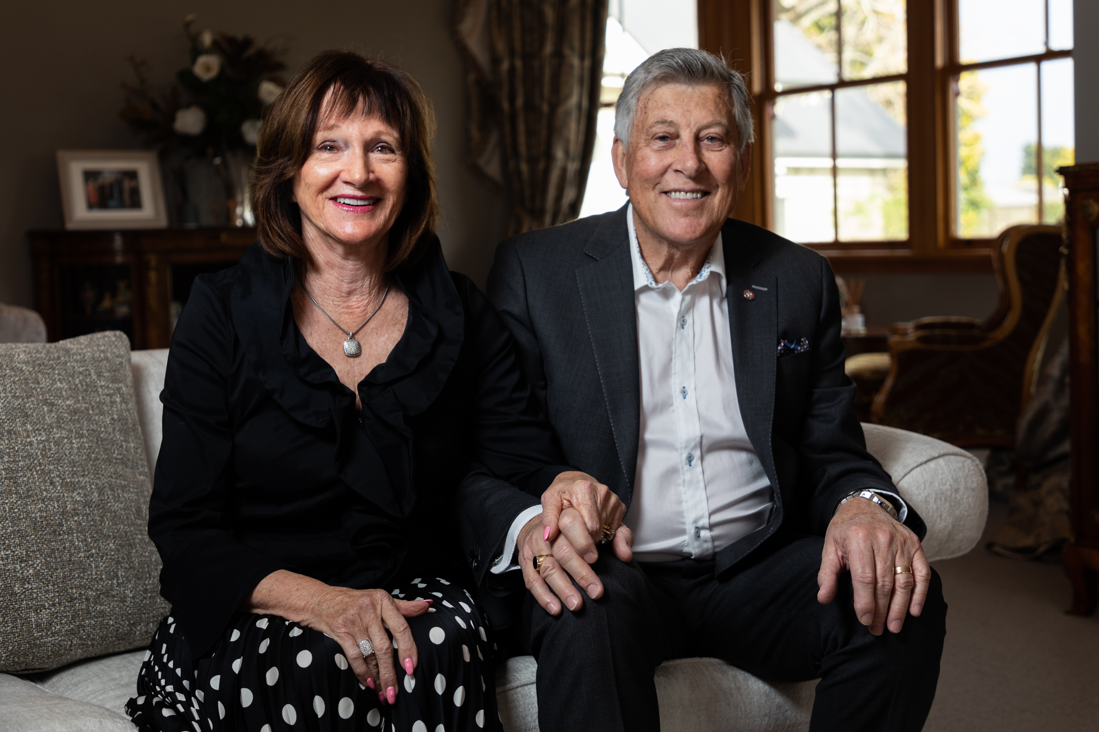Sir Paul Adams and his wife Lady Cheryl in their home in Tauranga. Photo / Alex Cairns