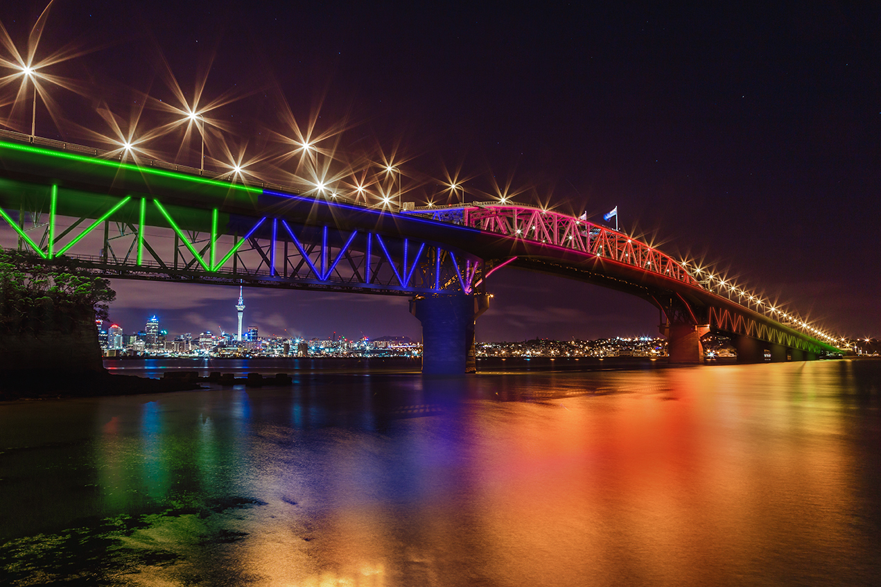 Energy efficient lighting on a grand scale - Auckland Harbour Bridge was lit with 90,000 LEDs in this 2018 display. Photo/Supplied