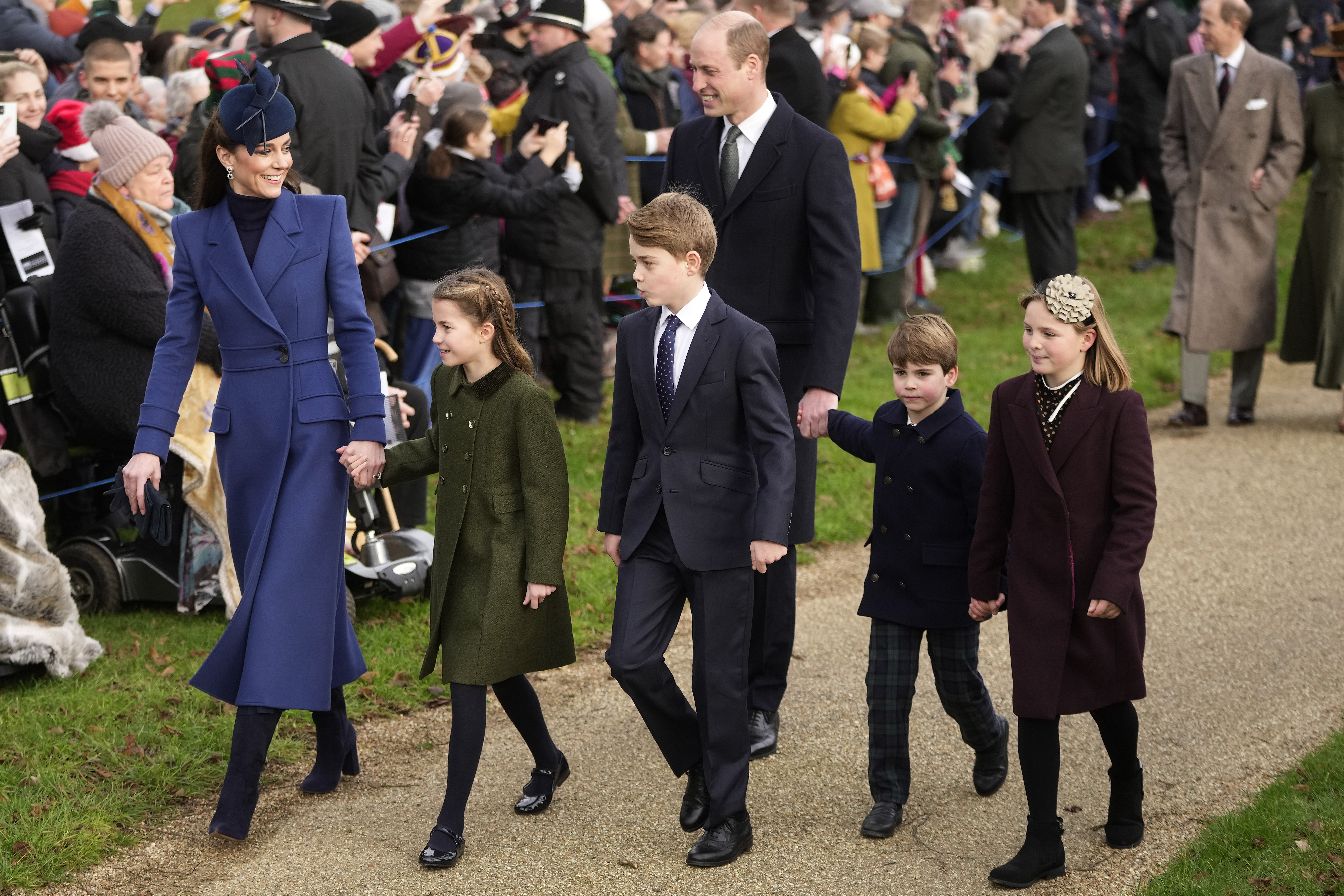 The Princess of Wales, Princess Charlotte, Prince George, Prince William, Prince Louis and Mia Tindall. Photo / AP