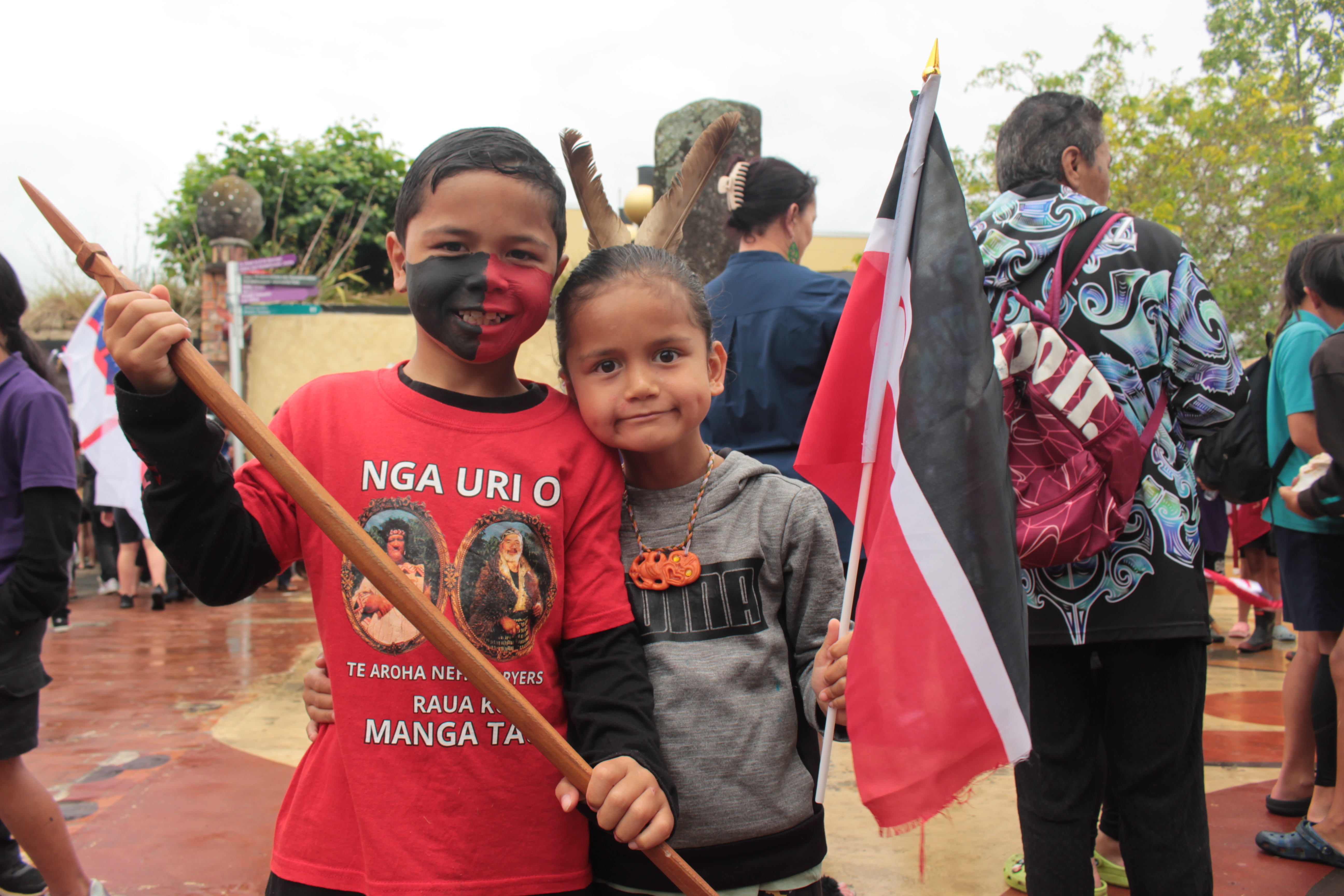 Mangarangi and Waipunahou Tau from Tautoro supported the hīkoi as it came to Kawakawa, representing the future generation those marching want to protect. Photo / Denise Piper