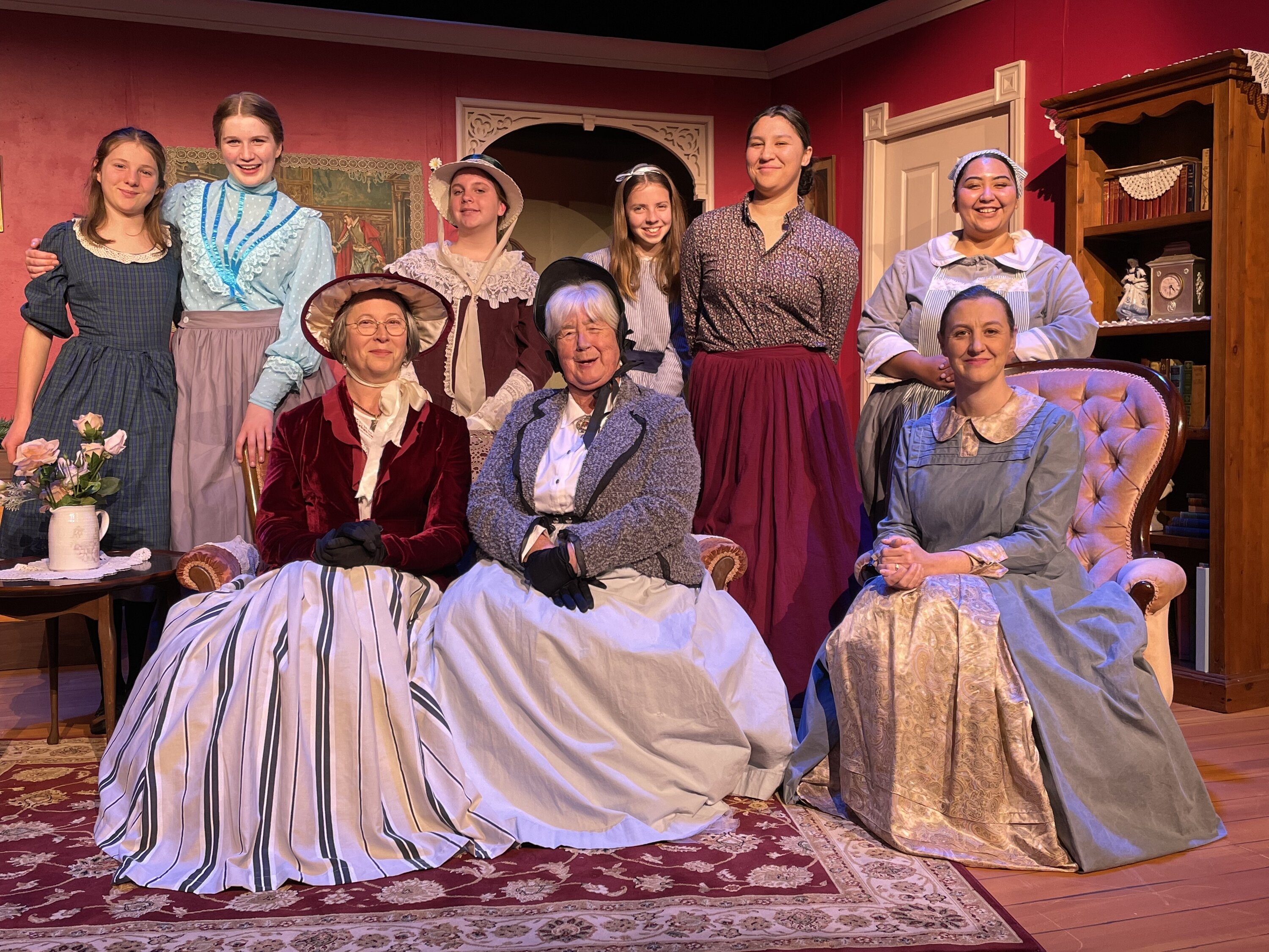 The cast of Evolution Theatre's production of Little Women are, standing (from left): Madeleine Poulter, Emma Ruelens, Uma Fischer Saenz, Molly Muir, Saeis Penney and Jess Horsfield. Seated: Elizabeth Stevens, Dorothy Fletcher and Susan Partington.