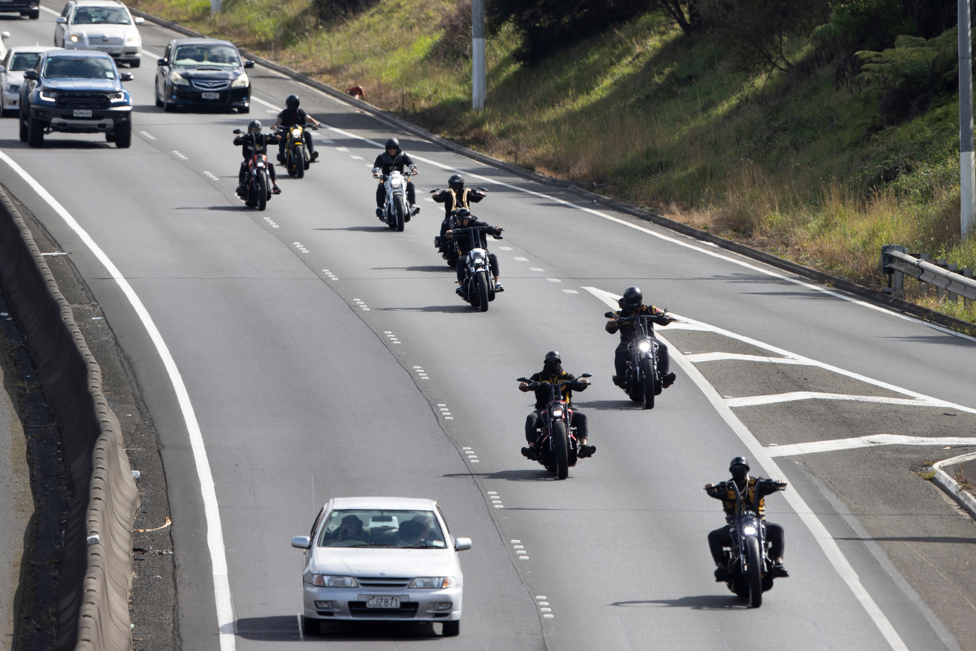 Members of the Comancheros motorcycle gang make their way down the southern motorway. Photo / Brett Phibbs
