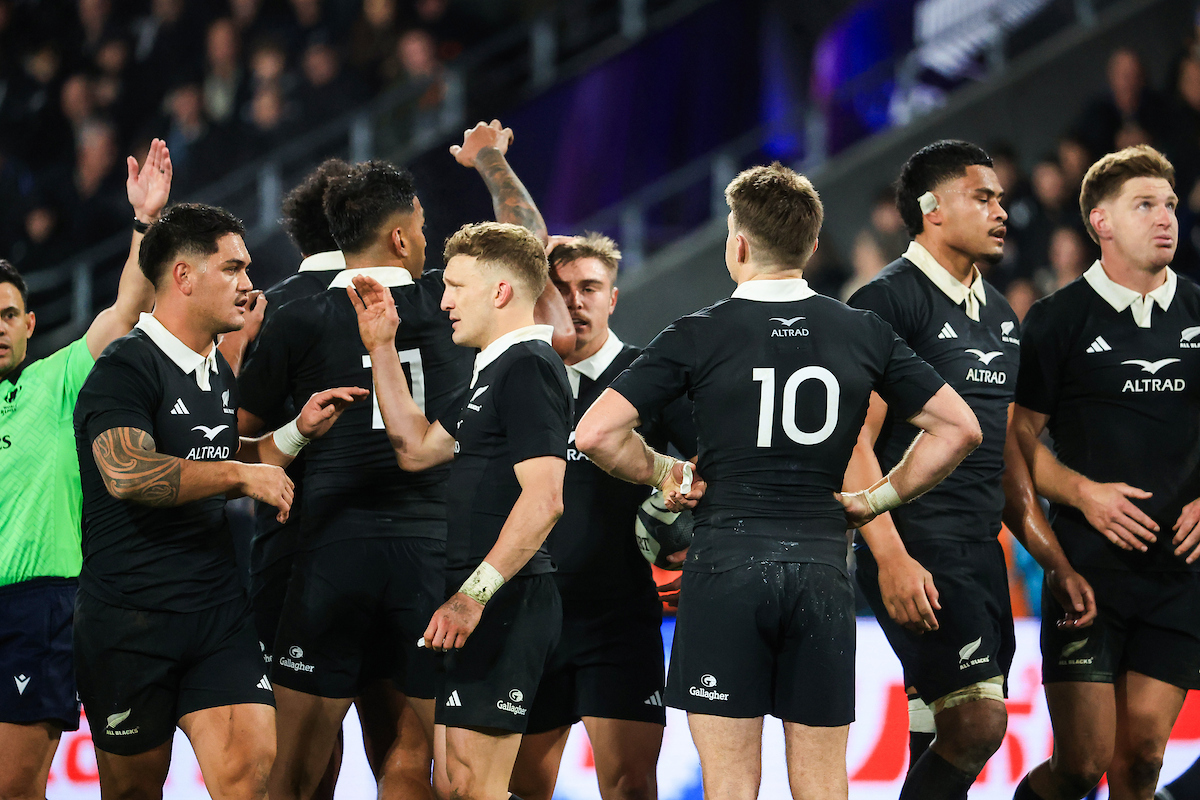 The All Blacks celebrate a try in their victory over France in Dunedin. Photo / Photosport
