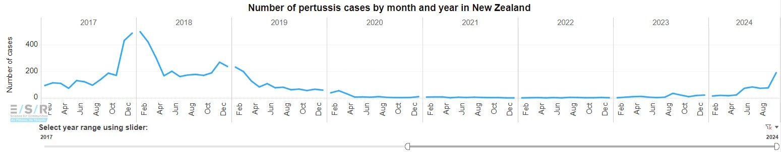 A graph of the number of whooping cough or pertussis cases by month in New Zealand from January 2017 to the end of September 2024. Photo / ESR