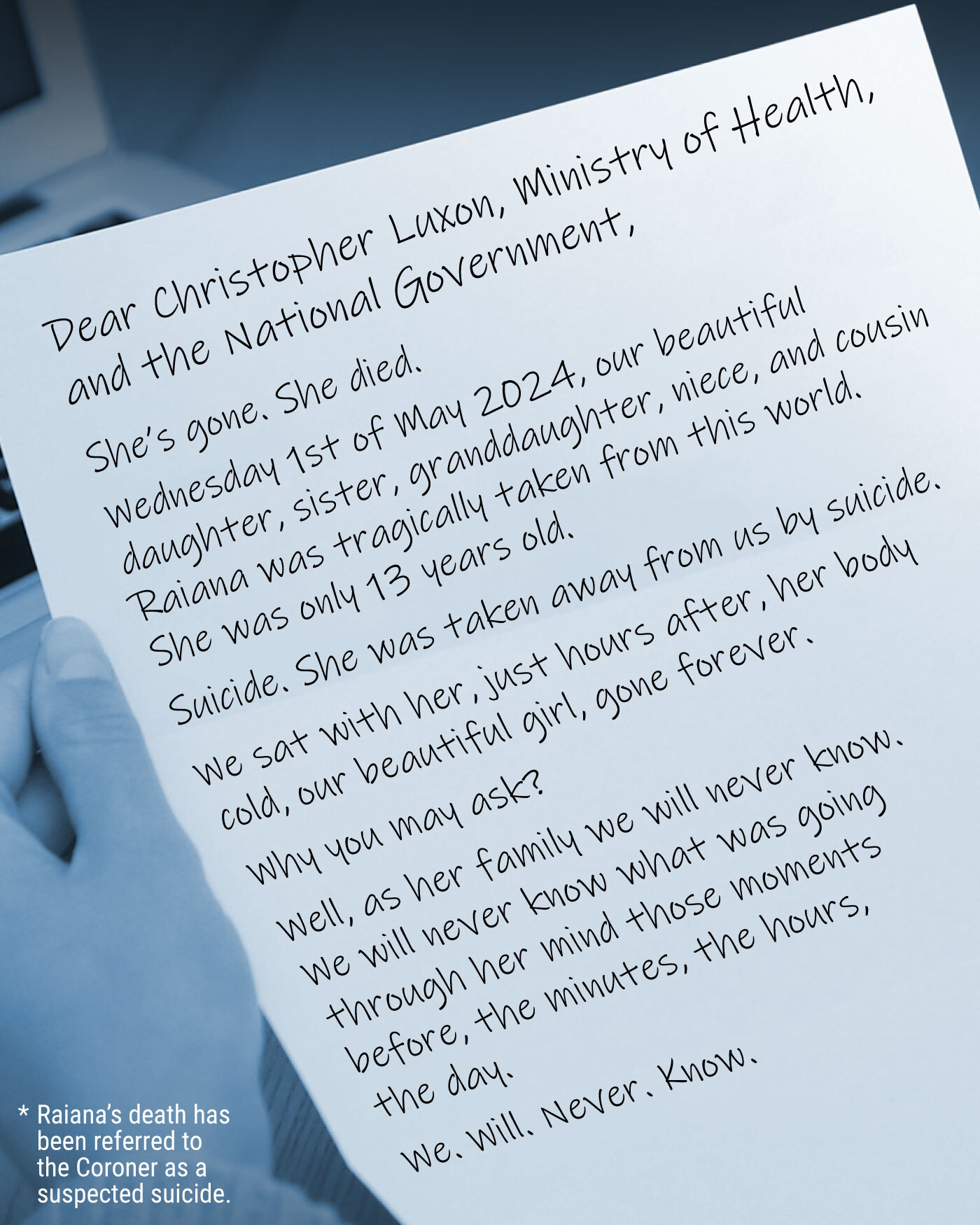 The beginning of the letter penned by Raiana's aunty Brooke. The full letter is included below. Image / Andrew Louis