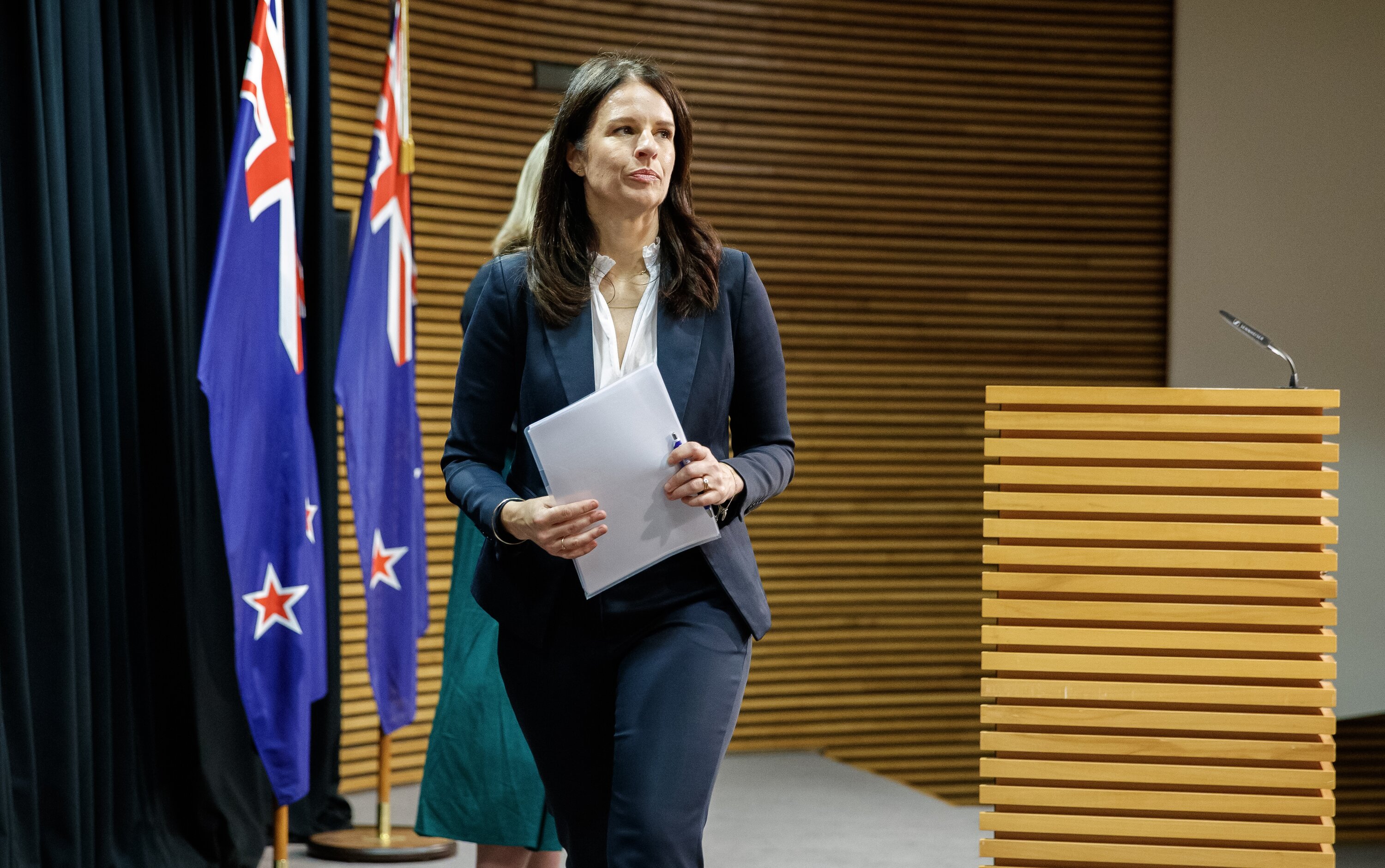 Minister Erica Stanford leaving a press conference where she revealed a redress package for those who were tortured at the Lake Alice facility. Photo / Mark Mitchell