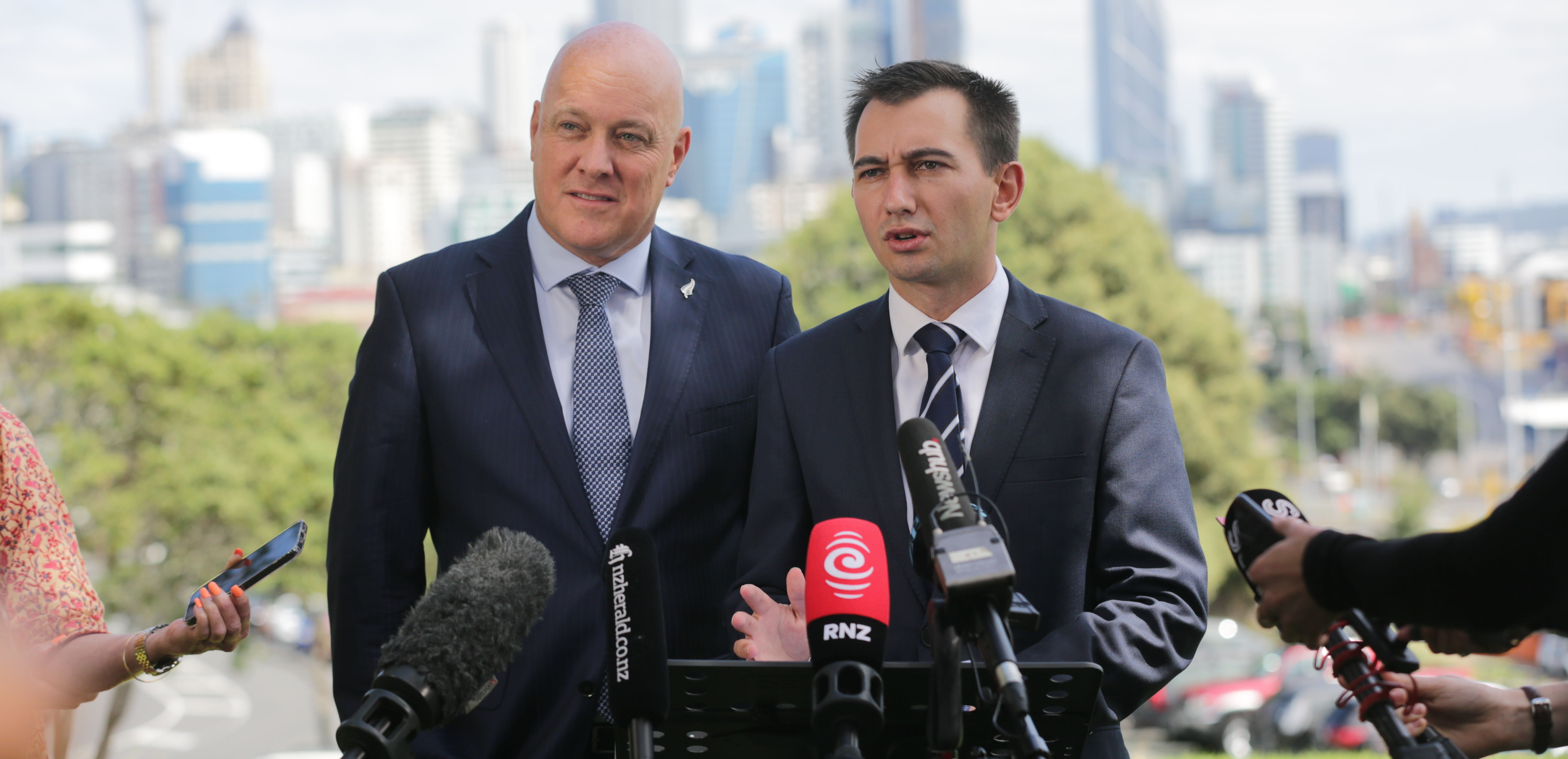 Prime Minister Christopher Luxon and Transport Minister Simeon Brown announcing the Auckland regional fuel tax will be scrapped. Photo / Sylvie Whinray