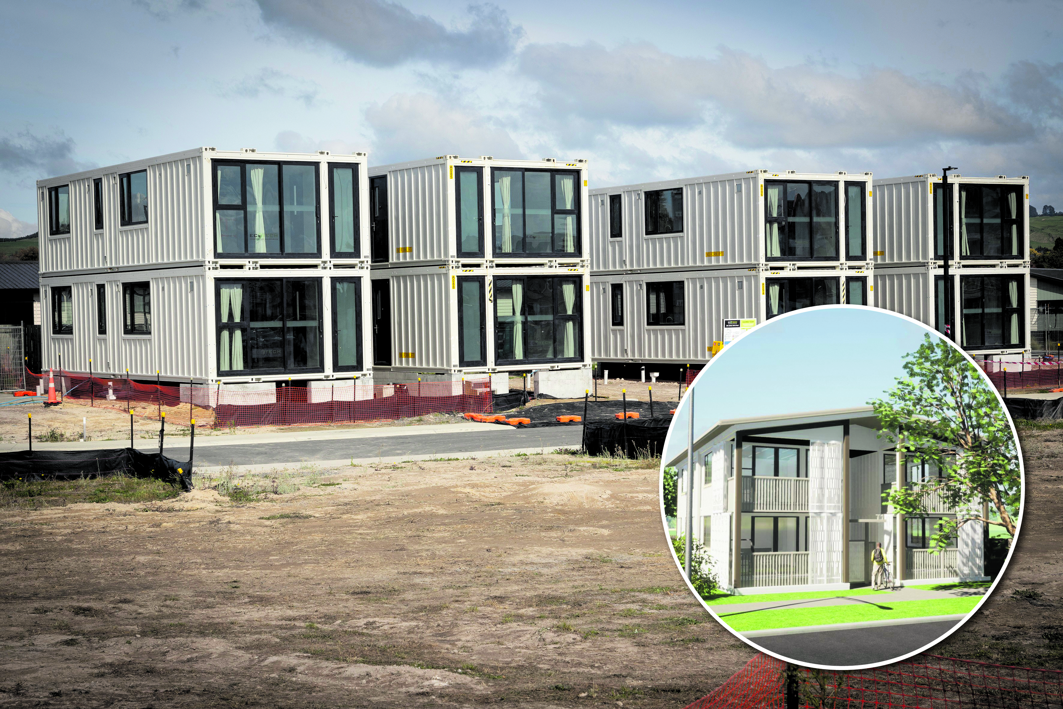 What the container homes look like now and an artist's impression of what they will look like when finished. Photo / Andrew Warner