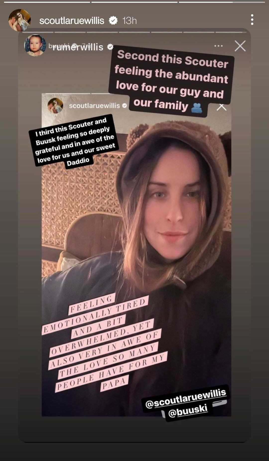 Bruce Willis' daughters shared their appreciation for the love they've received from fans over their father's diagnosis with dementia. Photo / @scoutlaruewillis