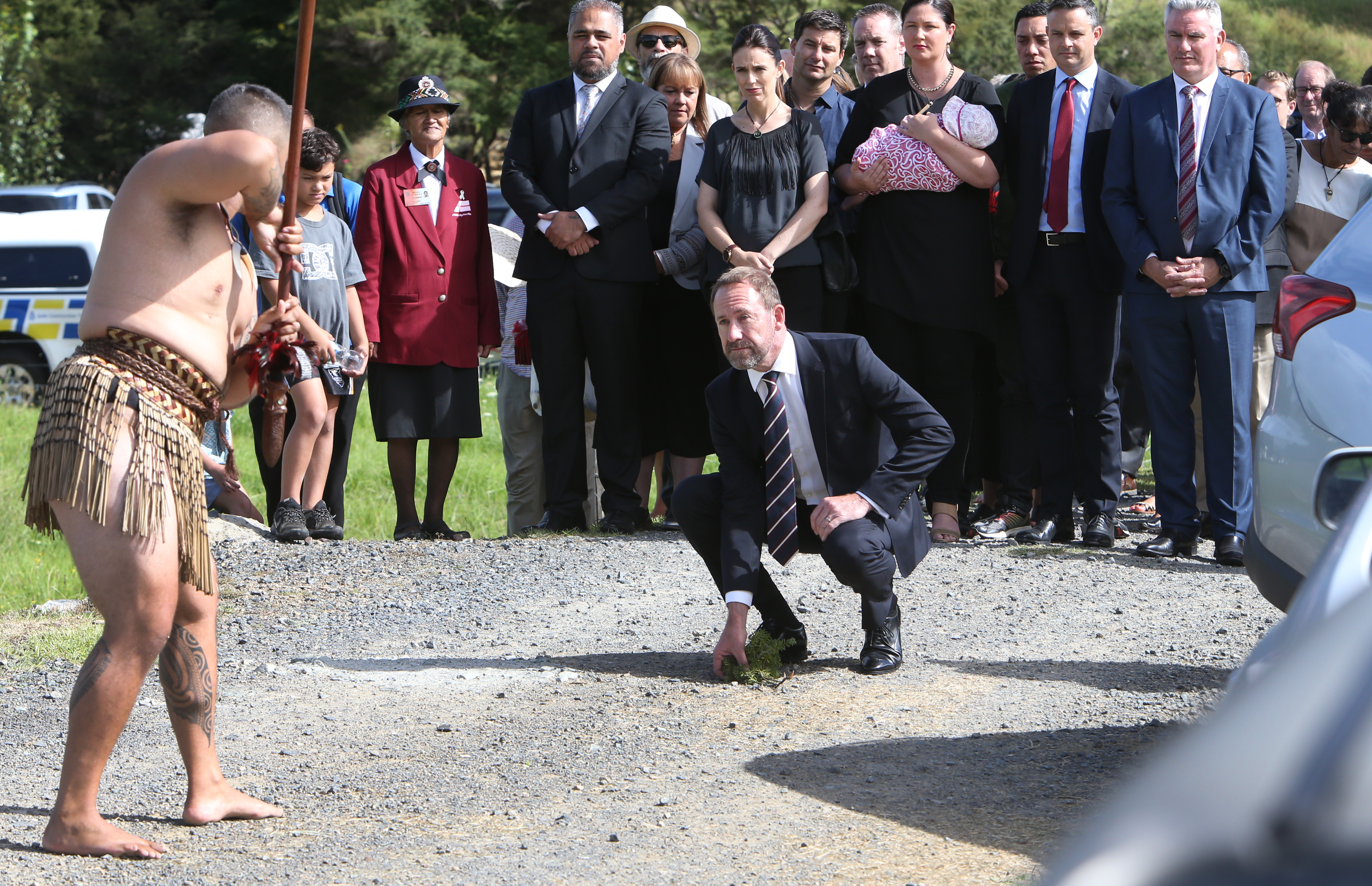 Minister of Treaty Negotiations Andrew Little accepts a wero during engagement with Ngāpuhi in 2018. Photo / John Stone
