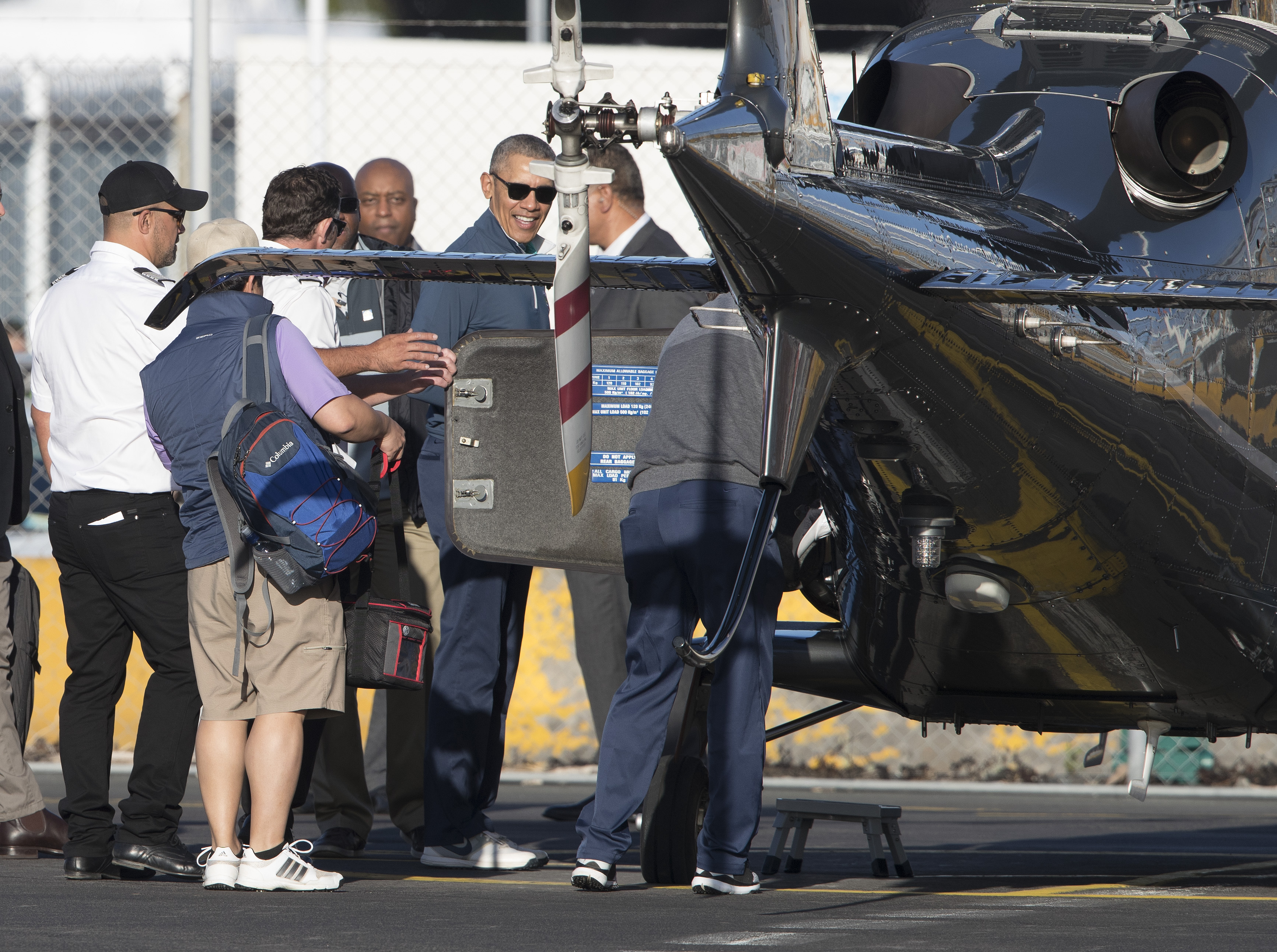Former President of The United States Barack Obama at Mechanics Bay just before his chopper flight. Photo / Brett Phibbs