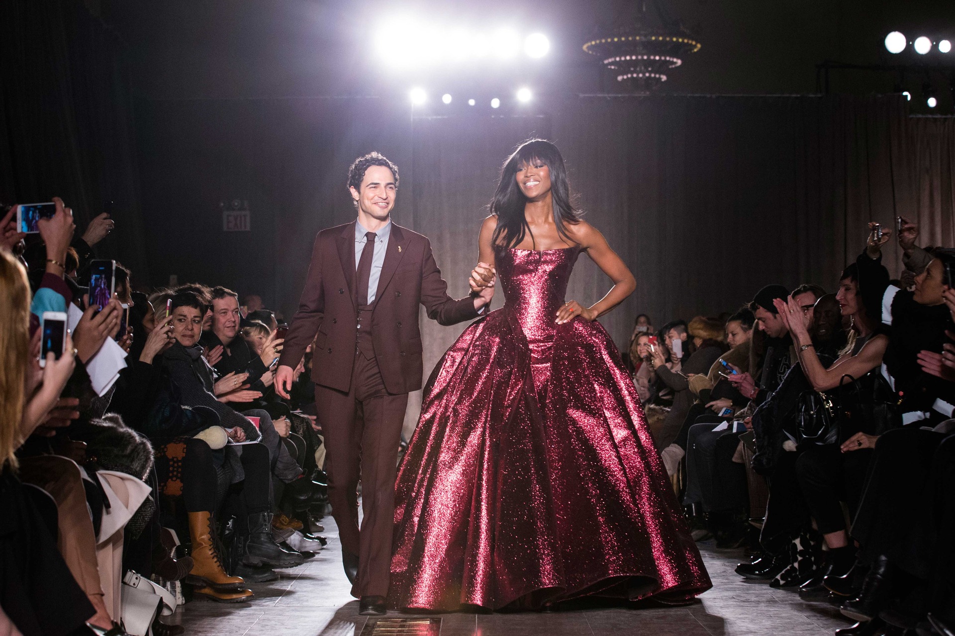 Posen and model Naomi Campbell greet the crowd after his Fall 2015 collection is modelled during Fashion Week, in New York. Photo / AP