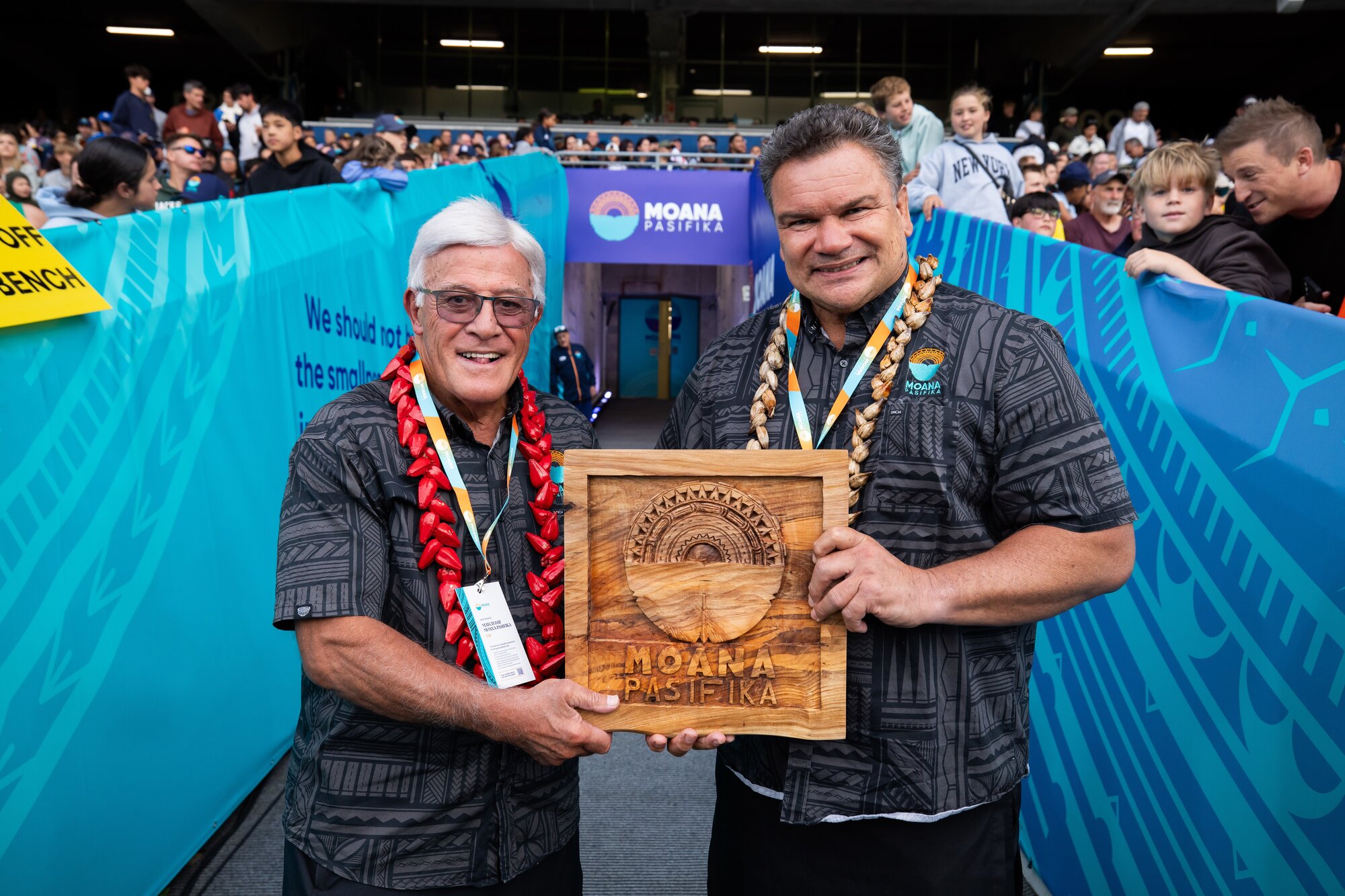 Sir Michael Jones (right) was chair of Moana Pasifika Ltd from inception until mid-2024, he remains on the board. Sir Bryan Williams (left) left the company board last year. Photo / Photosport