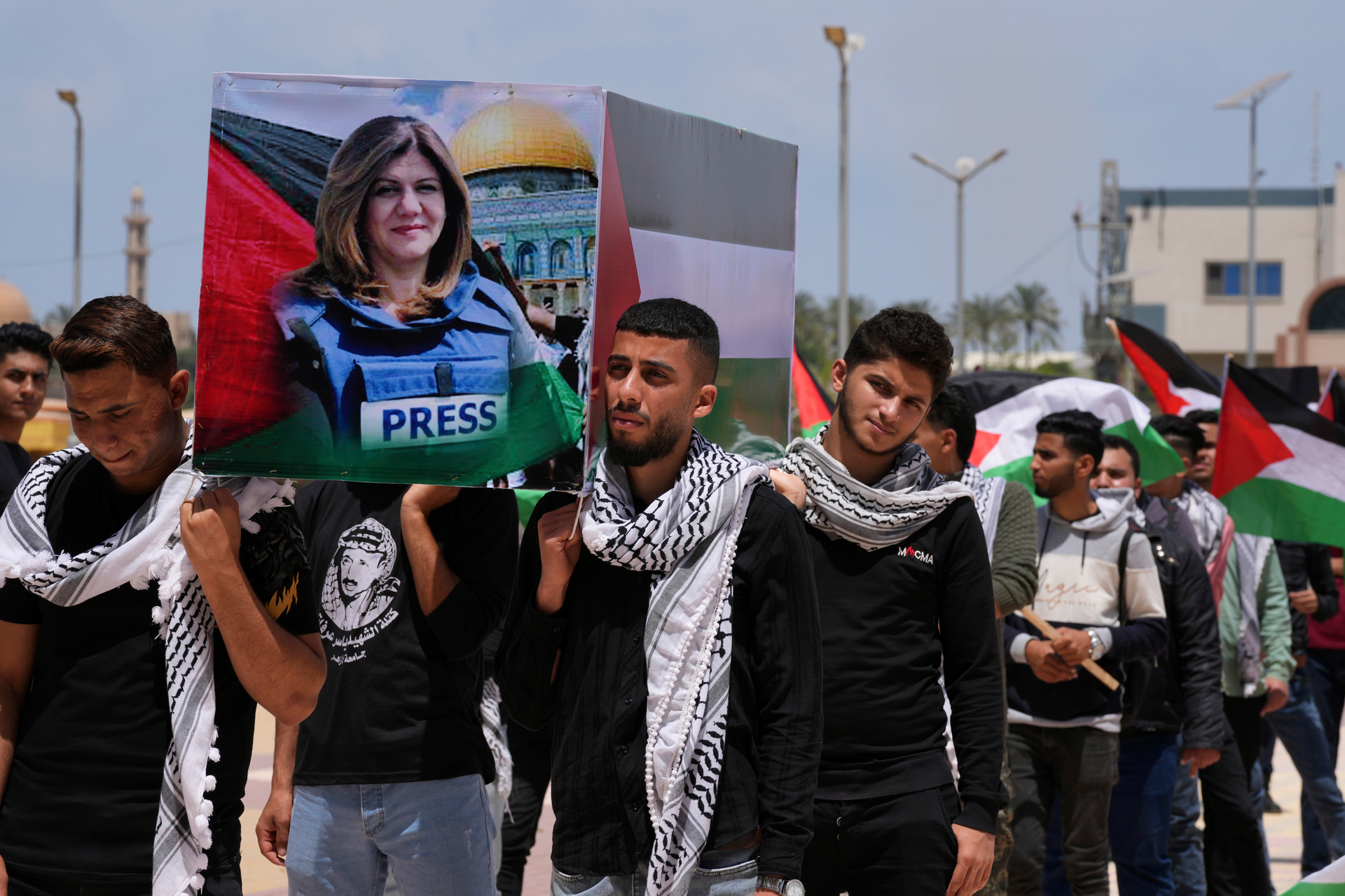 Students hold a symbolic funeral for killed Al Jazeera journalist Shireen Abu Akleh in Gaza. Photo / AP