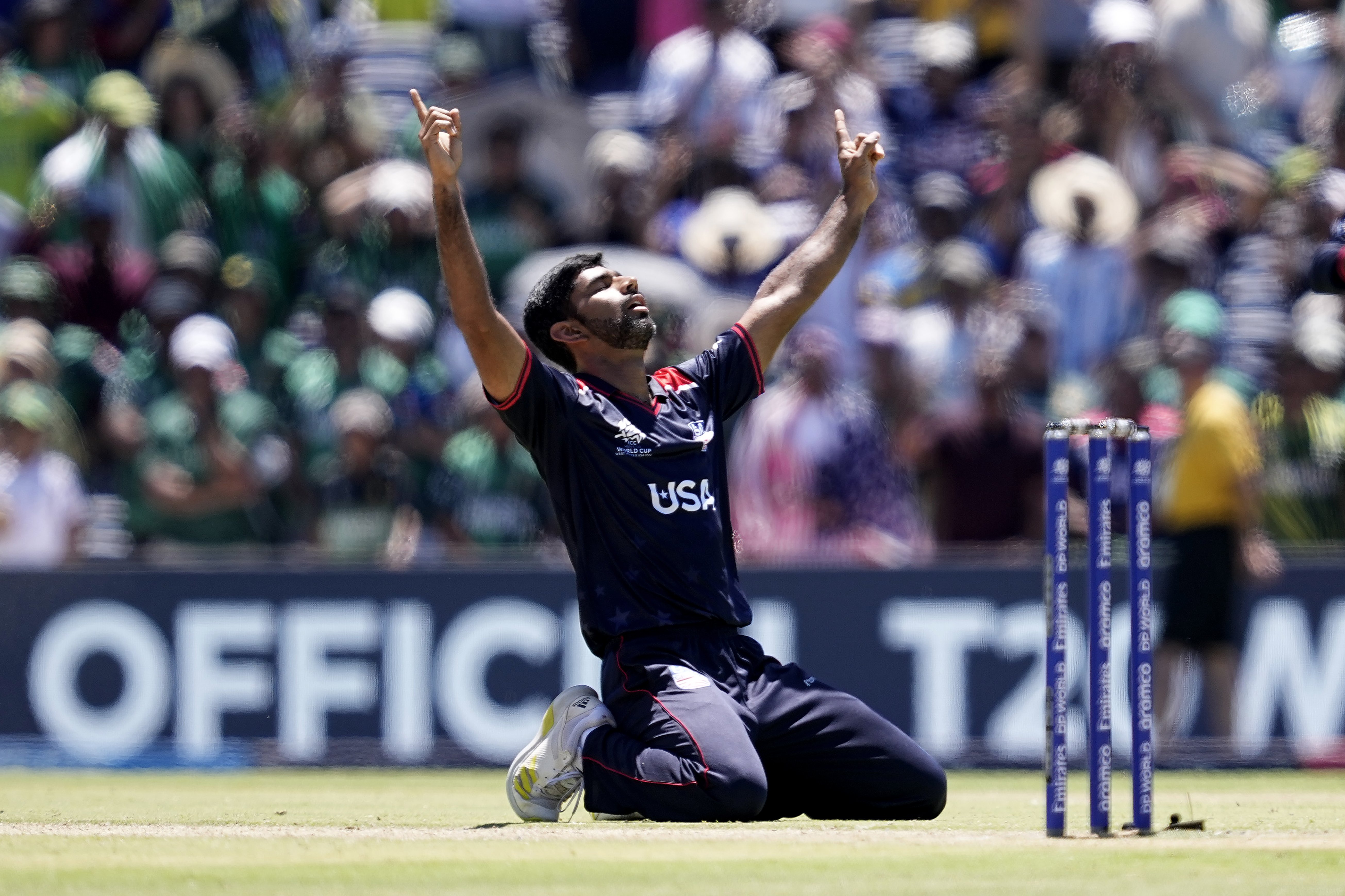 United States' Saurabh Nethralvakar celebrates after their win in the ICC Men's T20 World Cup cricket match against Pakistan at the Grand Prairie Stadium in Grand Prairie, Texas. Photo / AP