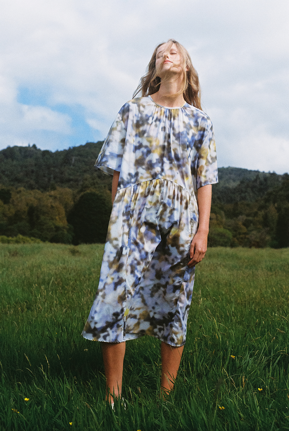 The first drop from Kowtow’s new collection includes the Agnes dress, which features a komorebi print about light filtering through the trees. “The inspiration begins in a very conceptual, abstract way,” says Marilou Dadat. Photo / Sarah Burton