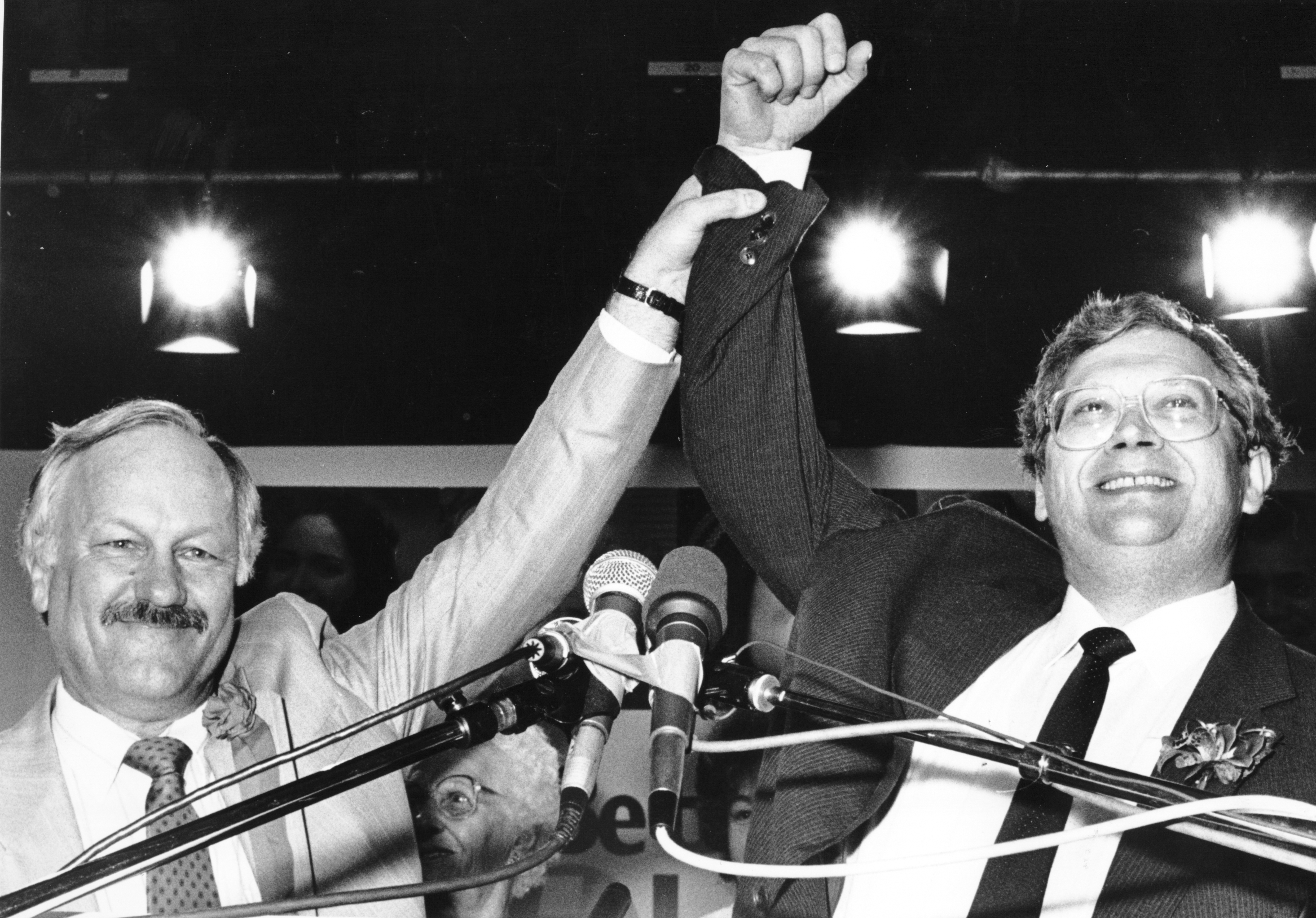 David Lange celebrates his return to power with Minister of Finance Roger Douglas. Photo / NZH