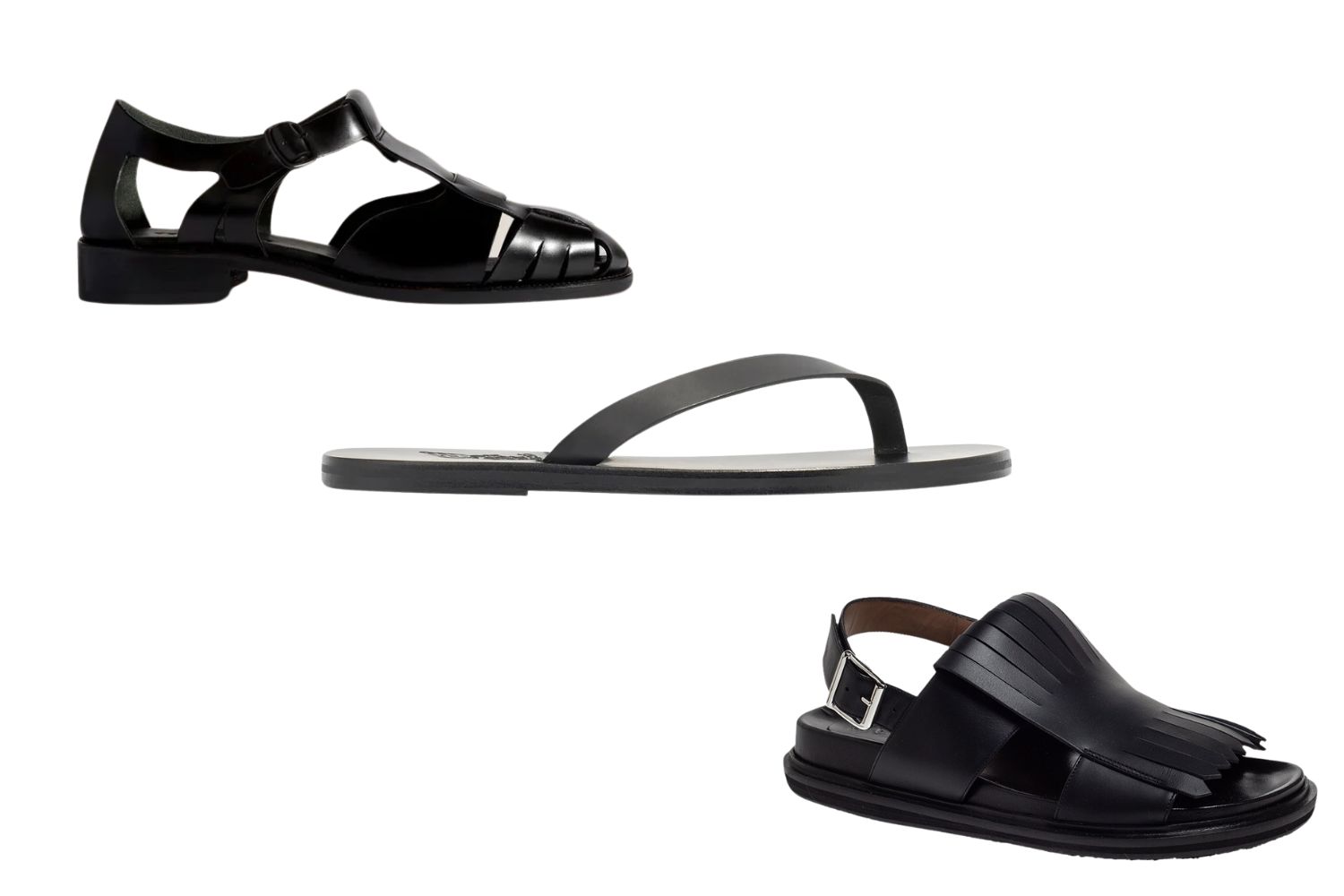 Hereu’s Pesca sandals in black, Ancient Greek Solon leather jandals and Marni's Fussbett sandals. 