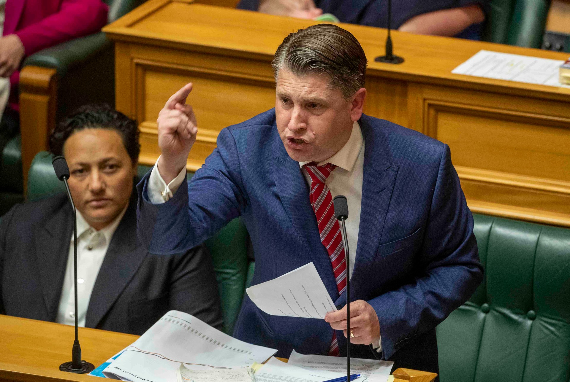Transport Minister Michael Wood and Kiri Allan in Parliament. Photo / Mark Mitchell