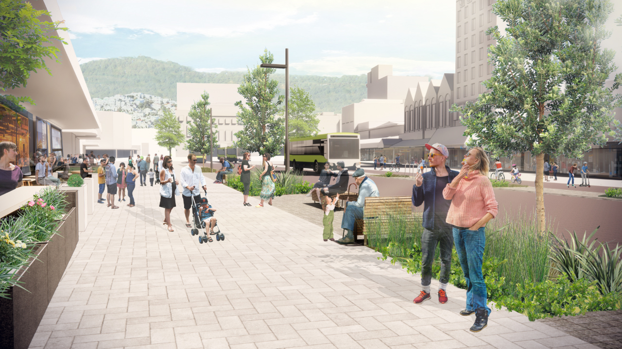 An artist's impression of proposed changes to the Golden Mile from Lambton Quay to Courtenay Place in Wellington as part of the Let's Get Wellington Moving transport plan.
