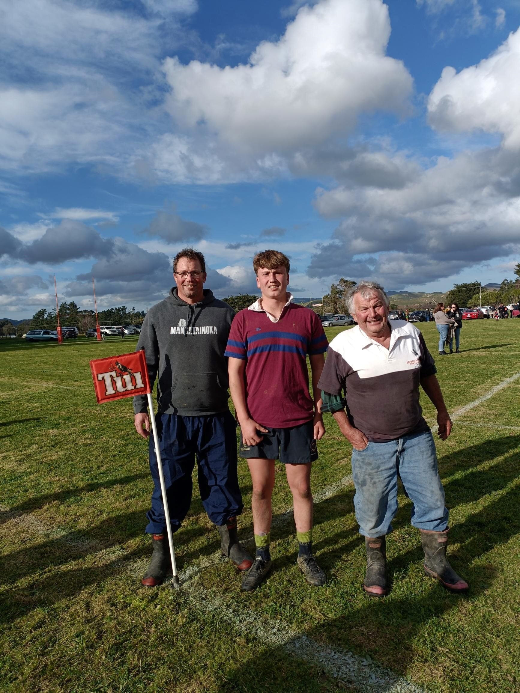  Shane Fergus (left), with son Harrison and dad Kerry Fergus. Kerry played for Mangatainoka (Toki) for a number of years while Shane played on the field for Bush and Harrison played as a halfback for Toki at 17.