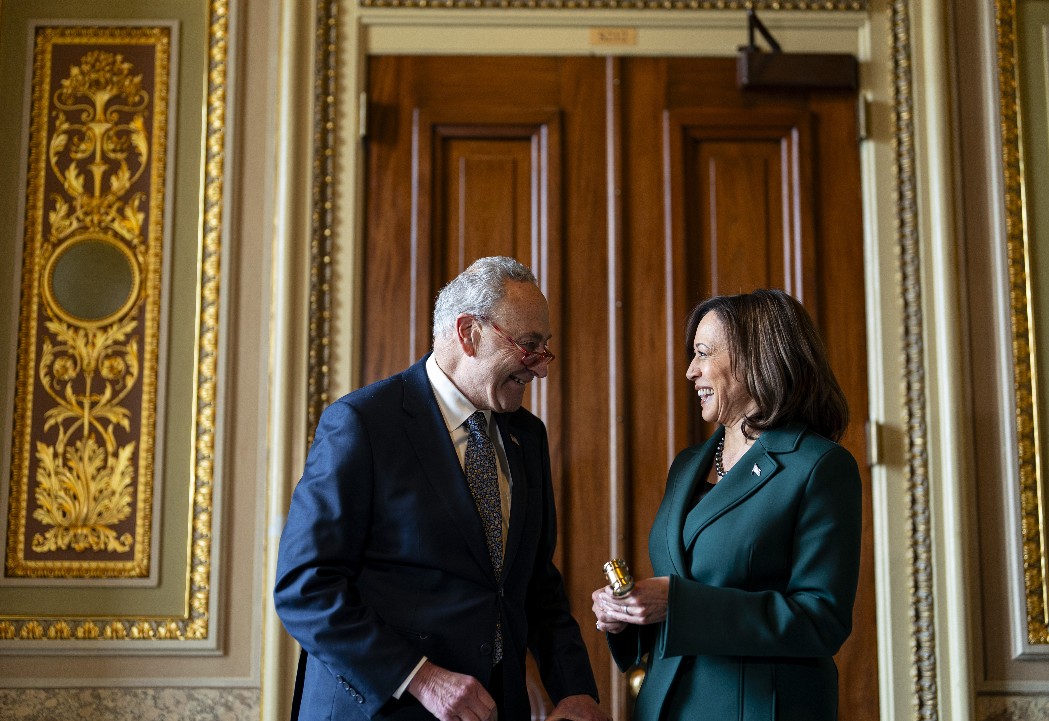 Kamala Harris with Senate Majority Leader Chuck Schumer at the US Capitol on December 5, 2023. Photo / Al Drago, The New York Times