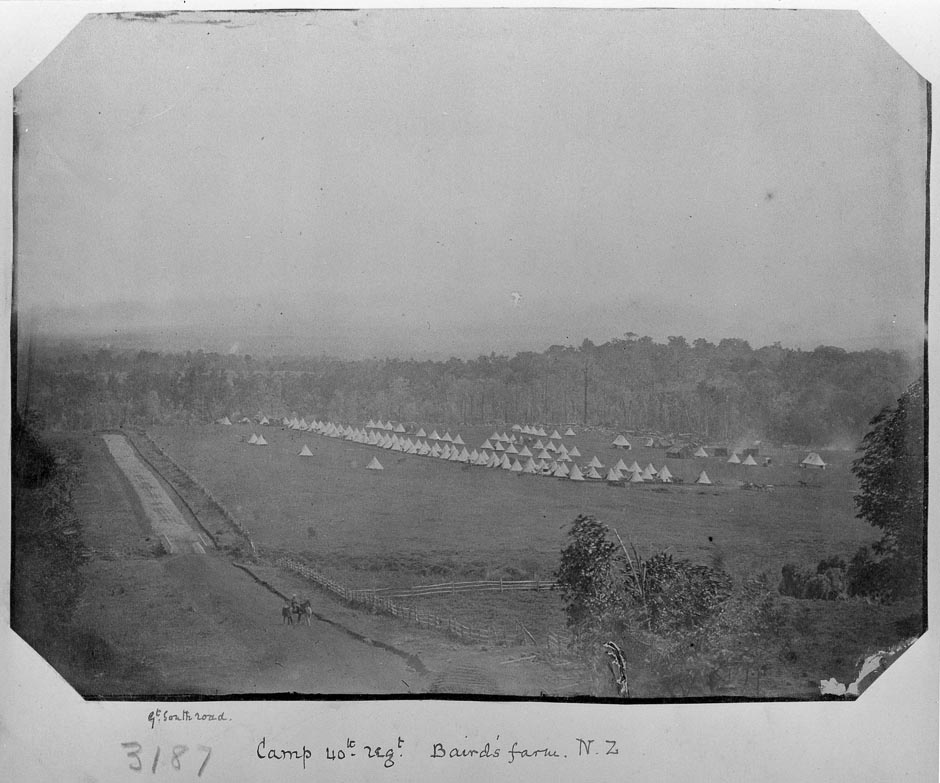 Camp of the 40th Regiment, Imperial Forces, at Baird's farm, Ramarama South Auckland in 1863 or 1864. Photo / Alexander Turnball Library
