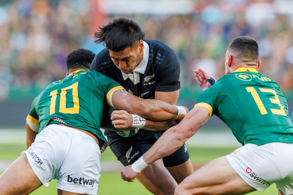 Rieko Ioane is tackled during the Rugby Championship match between South Africa and the All Blacks at Ellis Park. Photo / Getty Images