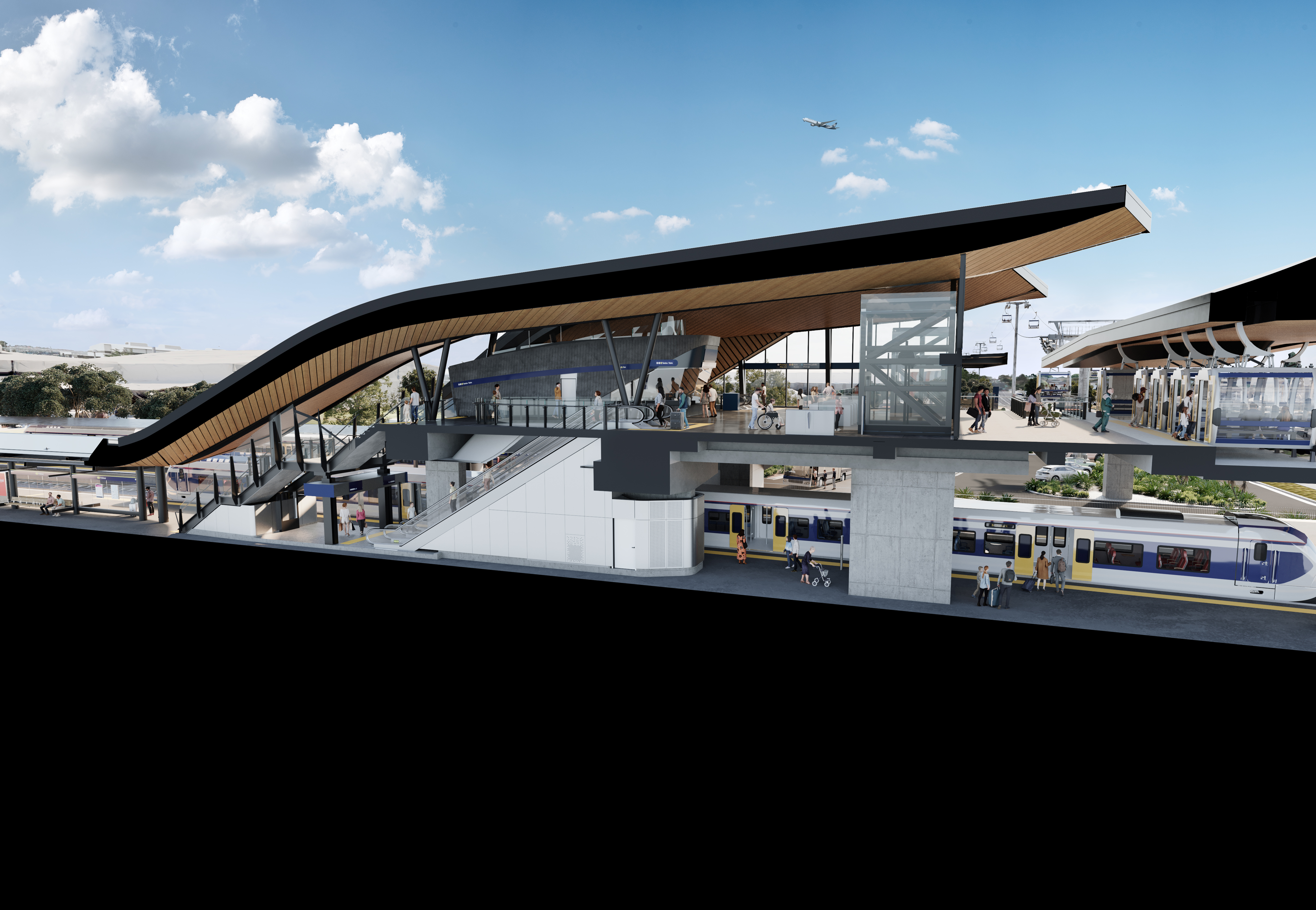 Artist's impression of the existing Puhinui train station with a cable-car facility added.