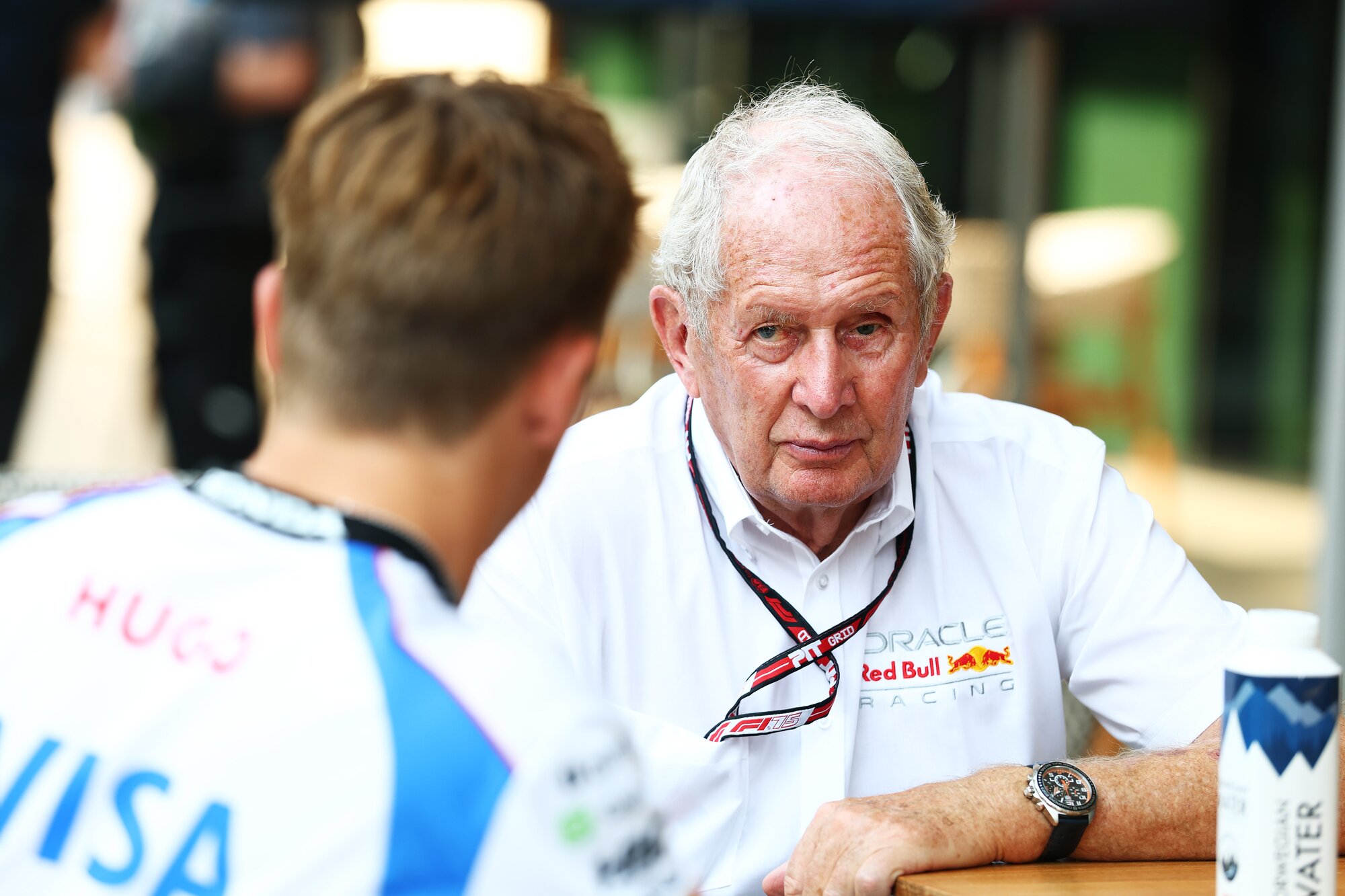 Dr Helmut Marko pictured talking with Liam Lawson prior to the Grand Prix of Qatar on November 30, 2025 in Lusail City, Qatar. Photo / Getty Images