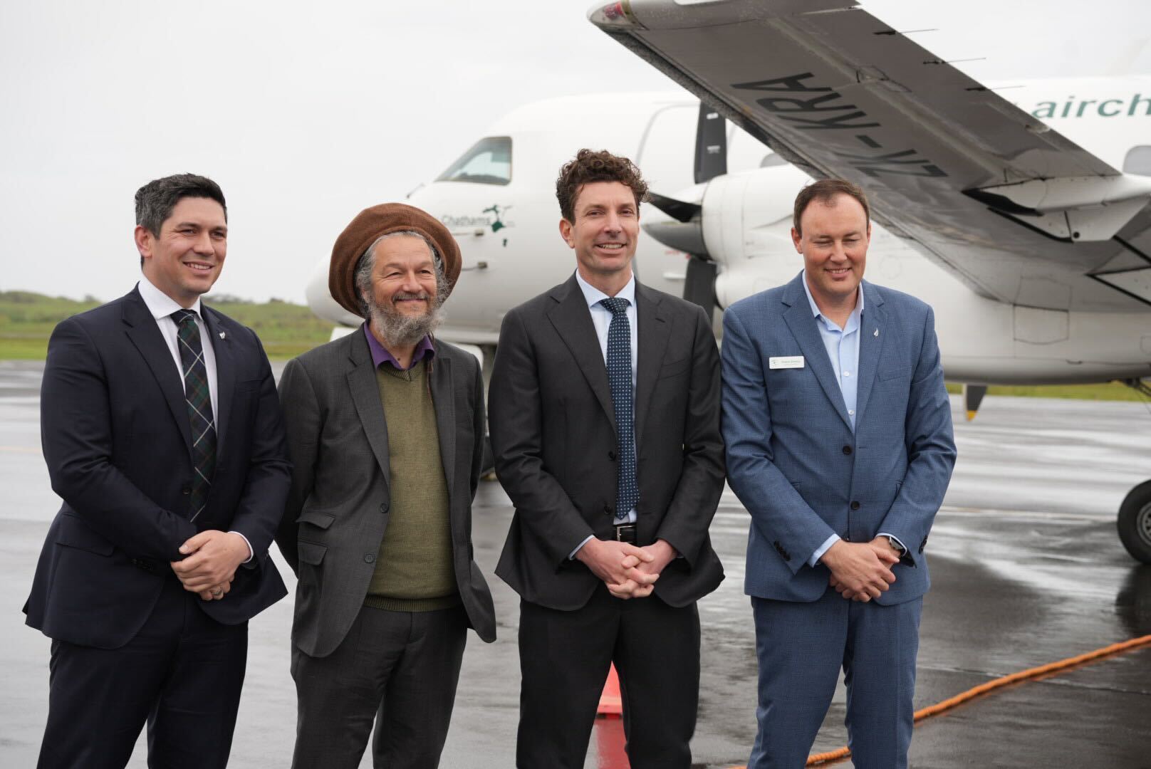 James Meager, Whakatāne mayor Nándor Tánczos, Air New Zealand’s chief transformation and alliances officer Mike Williams and Air Chathams chief executive Duane Emeny at an interlining agreement in Whakatāne last year. Photo / Annaleise Shortland