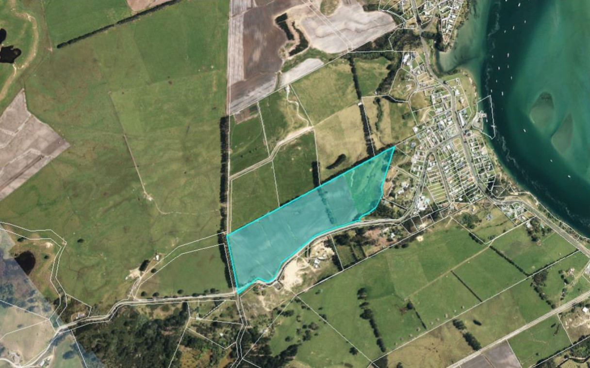 Aerial photo showing the location of the new solar farm on the western edge of Pukenui township, about 50km north of Kaitaia. Photo / supplied