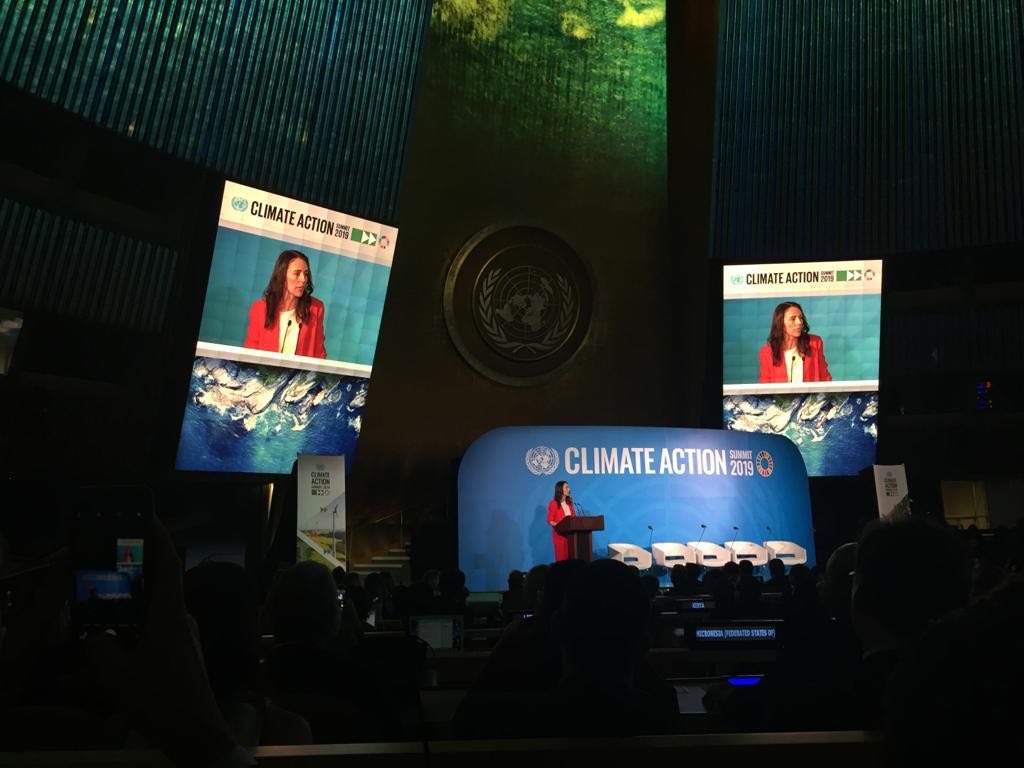 Prime Minister Jacinda Ardern giving one of the opening speeches at the UN Climate Summit in New York this morning. Photo / PMO
