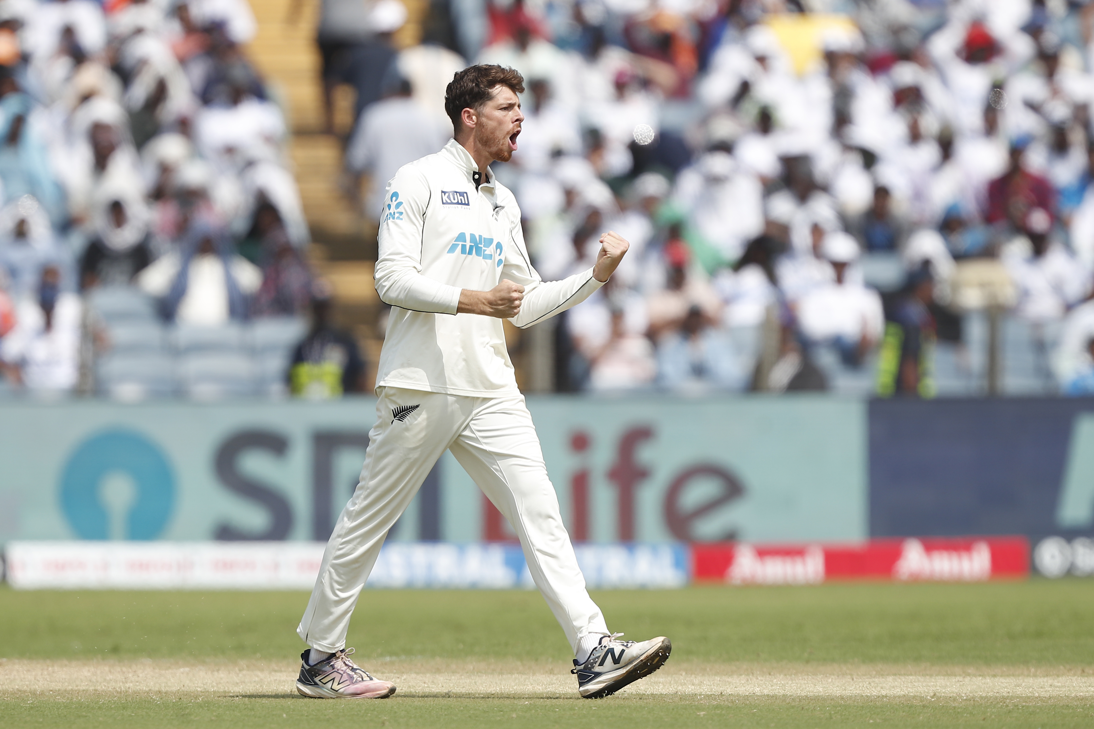 Mitchell Santner celebrates the wicket of Yashasvi Jaiswal on day three. Photo / Photosport